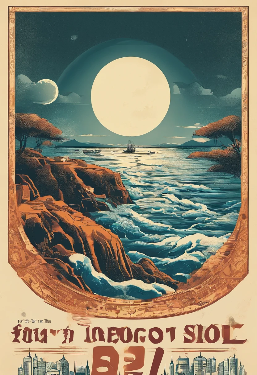 Noisy record covers,The main object is a bottle of high-end liquor,The background is the moon and the sea,The main color is warm,Simple style