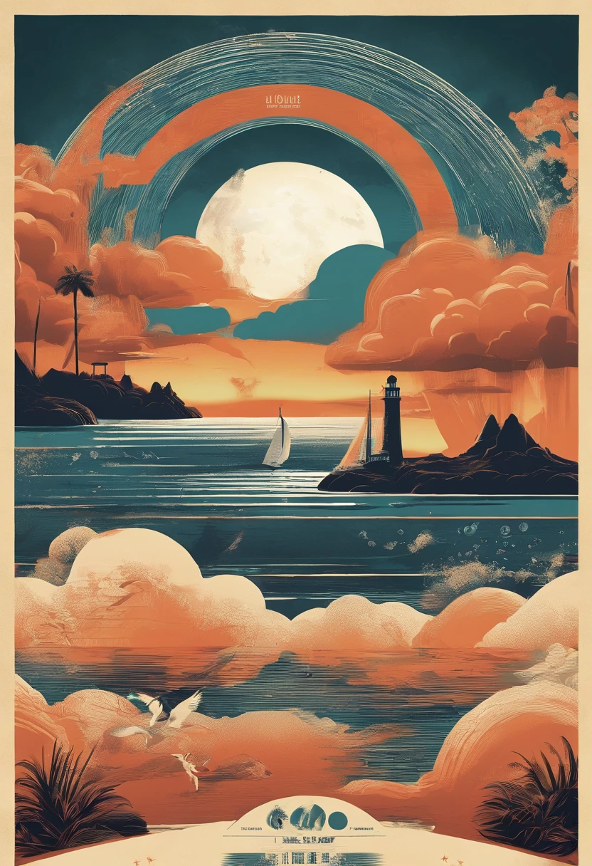 Noisy record covers，The main object is a bottle of high-end liquor，The background is the moon and the sea，The main color is warm，Simple style