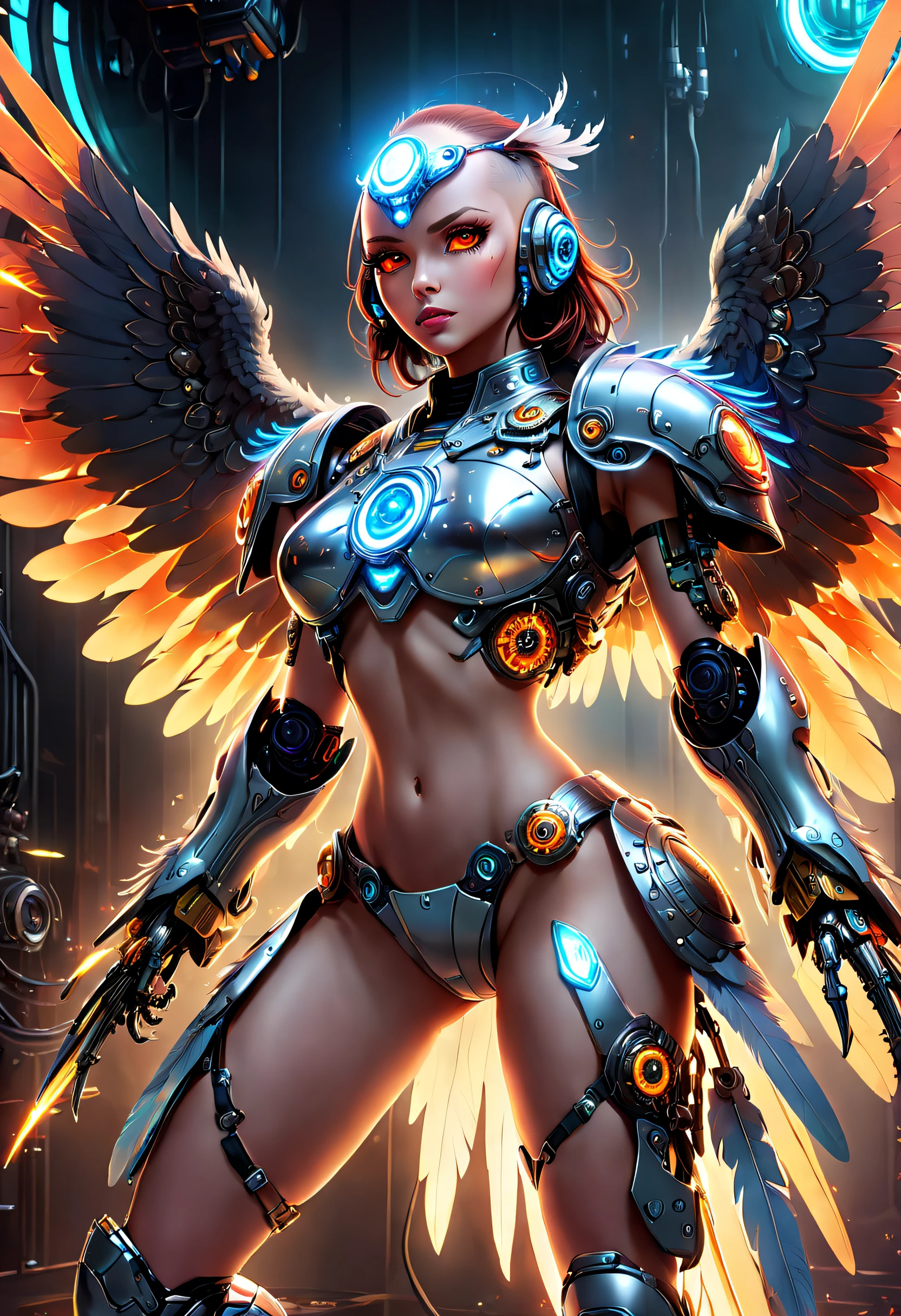 (Best quality, 8K, A high resolution, tmasterpiece:1.2), (Ultra-detailed), (anthropomorphic turtle),(Cybertron futuristic mechanical female bald eagle), (Battle Angel ta,anatomy correct,Accurate perfect European girl face,exquisite facial features),full bodyesbian, dreamy glow,luminous neon lights,High-tech mechanical parts,Metal claws and wings,Metal heads and pecks,Metal feathers,Extremely cool,Metal legs,Bionic eye,Detailed feather design,sharp beak,hovers in mid-air,Electric red and bright orange,Vivid glowing eyes,Reflective metal surface,Interlocking mechanical gears,Dynamic and stylish design,motion blur effect,meticulous craftsmanship,Sci-fi atmosphere,Streamlined aerodynamic shape,Laser scanning pattern,holographic projections,Light-emitting circuit lines,hauntingly beautiful,Otherworldly precision,Advanced sensors,Complex algorithms,Ominous and mysterious atmosphere,electric sparks,Shiny chrome plating,Futuristic propulsion system,独奏,Medium shot,concept-art, Fantasy theme,voluminetric lighting, Global illumination, Reflection, hyper HD,The light is bright,RGB colors,vibrant with colors, Mecha musume,McCorg gear
