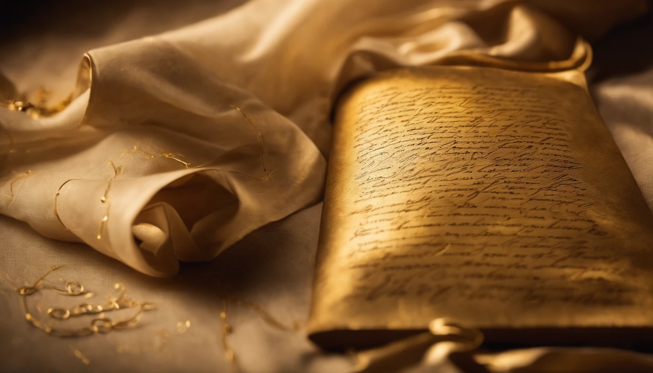 Bring a parchment with cursive writing, in gold with subtle sparks around it.