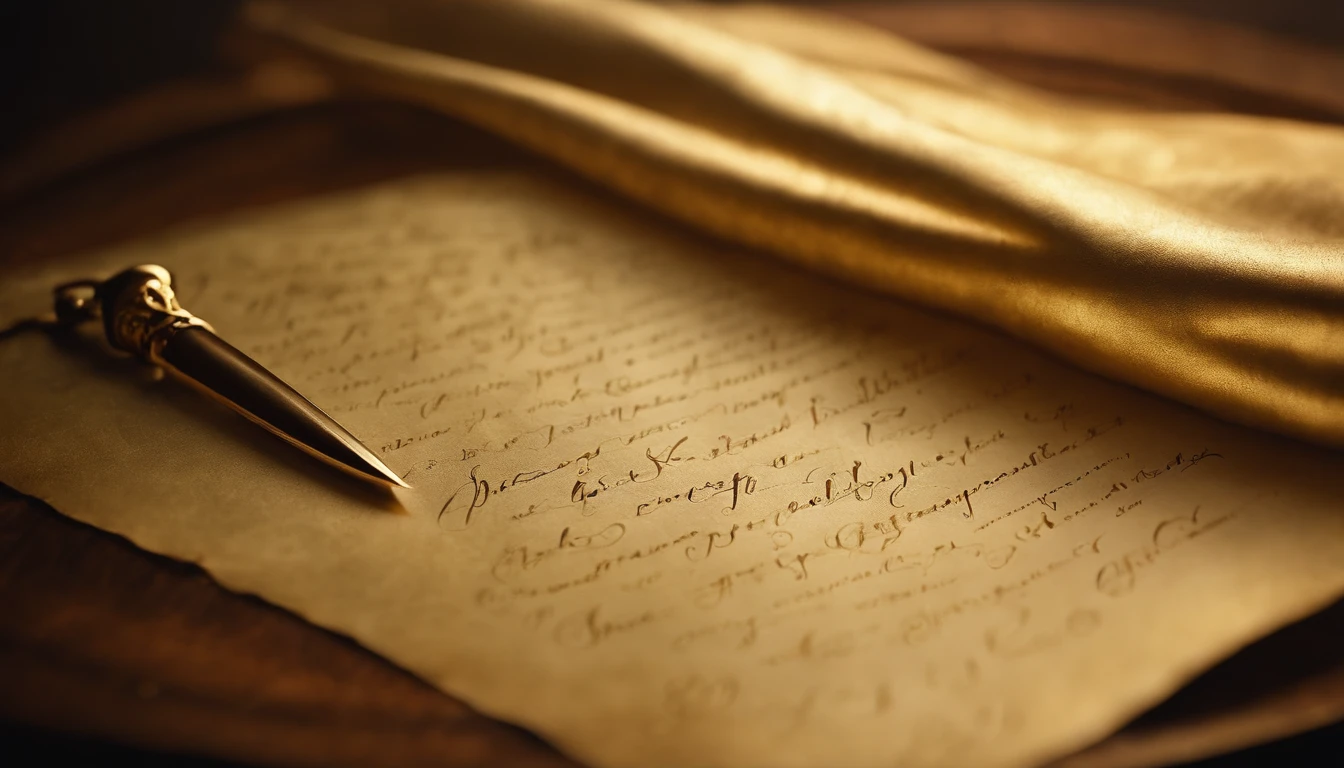 Bring a parchment with cursive writing, in gold with subtle sparks around it.