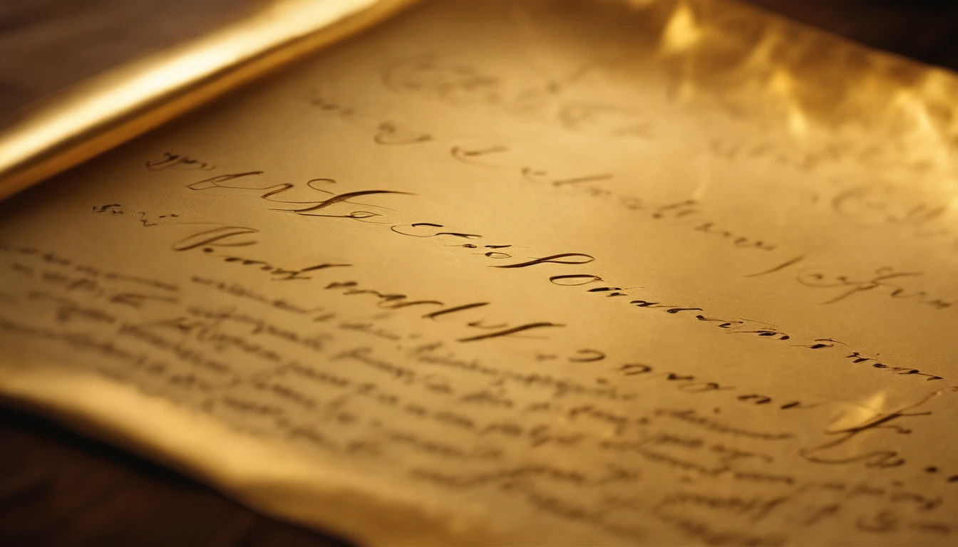 Bring a parchment with cursive writing, in gold with subtle sparks around it.