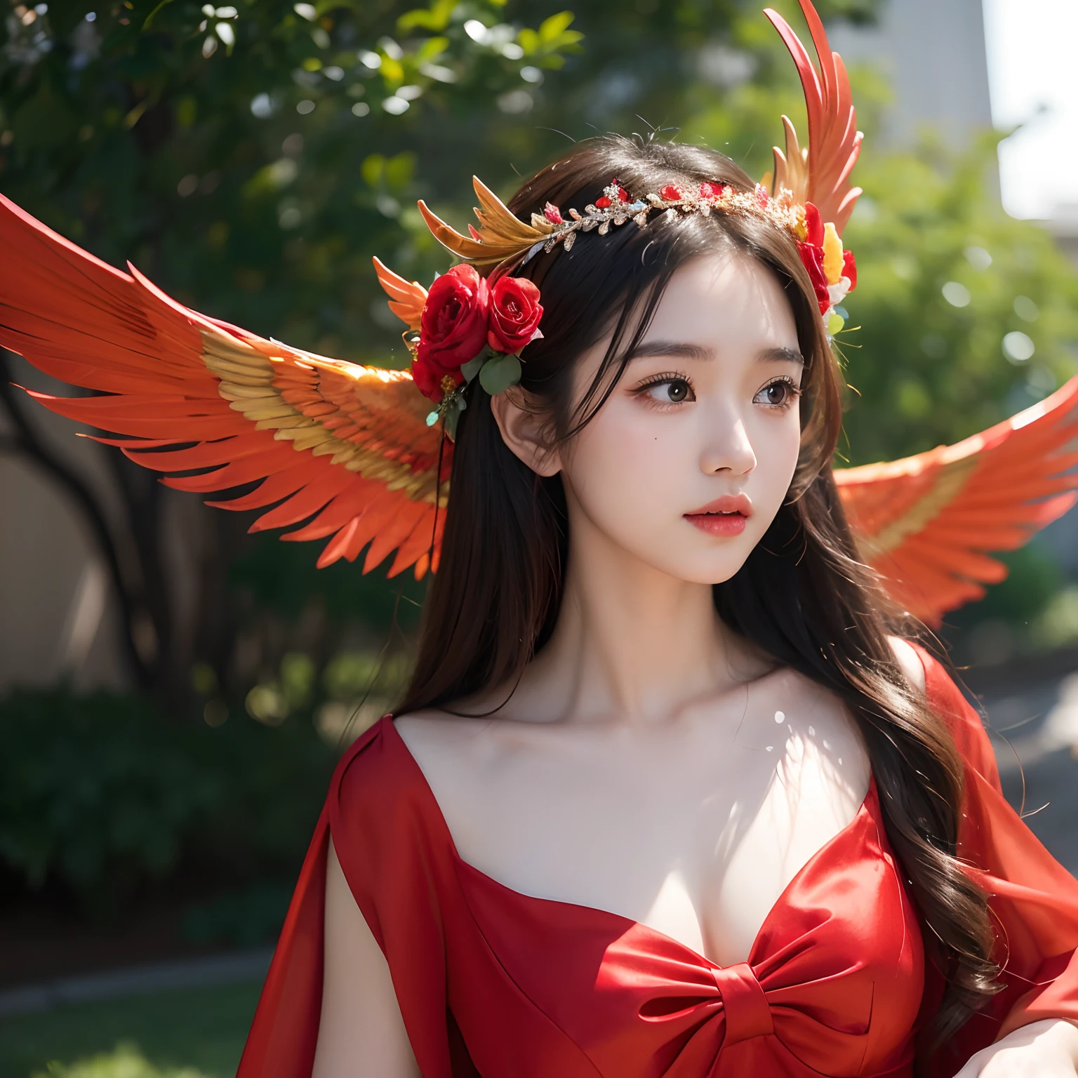 A beautiful flower girl wearing a red Tang dress,Has watery eyes,rosy lips,Wearing a phoenix crown headdress。