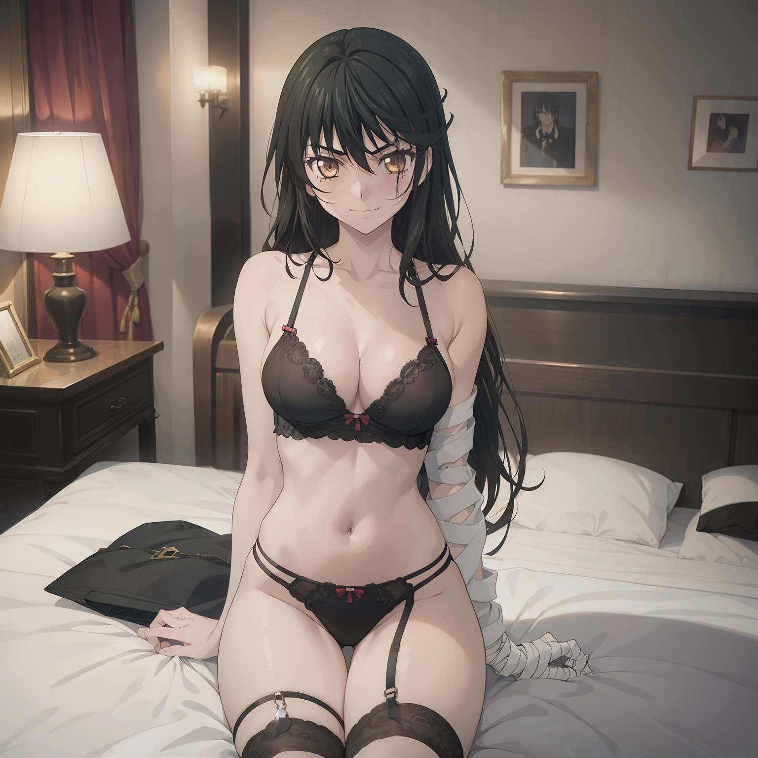 1girl,big breasts,hotel room,(8k),scratches,detailed face,black hair,yellow eyes,long hair,embarassed,shy,small smile,high_res, high_definition,sexy pose,black sexy lingerie,full body,Left arm fully bandaged,