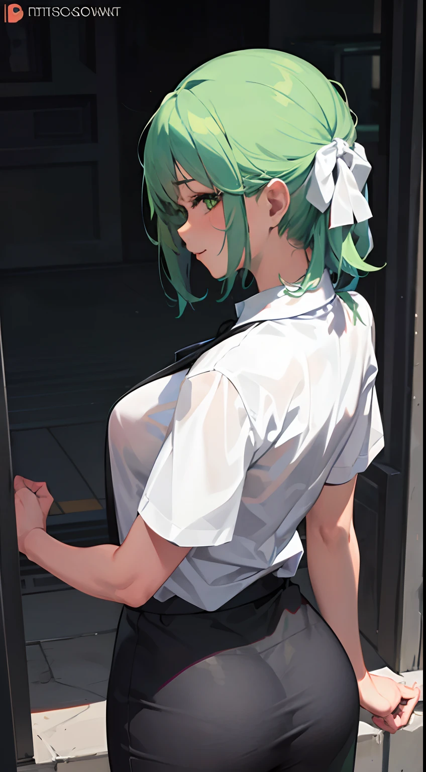 ((masterpiece)),(best quality),(detailed),(1girl),  green hair, green glowing eyes, Updo, white shirt, black skirt, looking down on the viewer, sexy, butt to camera