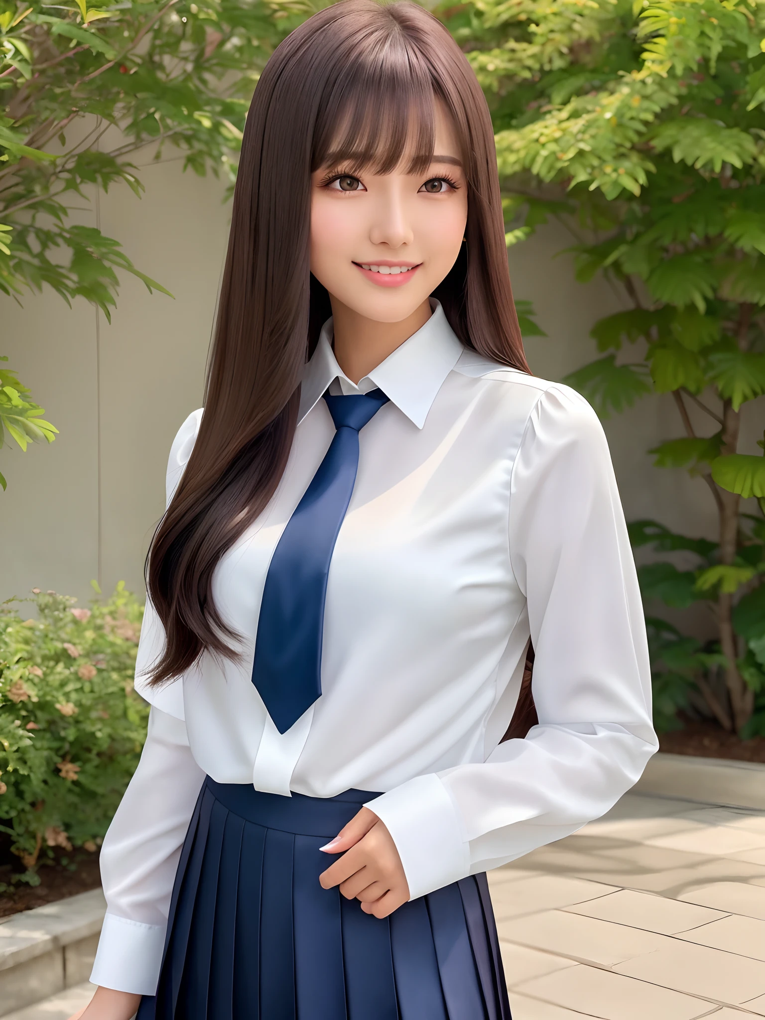 product quality, 1girl, upper body shot, front view, a Japanese young pretty woman, long bob hair, standing with a big smile in front of her luxury house, carrying a rucksack glamorous figure, wearing a long sleeve white collared silky satin shirt with shiny satin dark blue plain long tie, wearing a dark blue pleated long skirt, hyper cute face, glossy lips, double eyelids in both eyes, natural makeup, long eyelashes, shiny smooth light brown long bob hair, asymmetrical bangs, a tanned skin, central image, high resolution, high detail, detailed hairstyle, detailed face, spectacular cinematic lighting, octane rendering, vibrant, hyper realistic, perfect limbs, perfect anatomy
