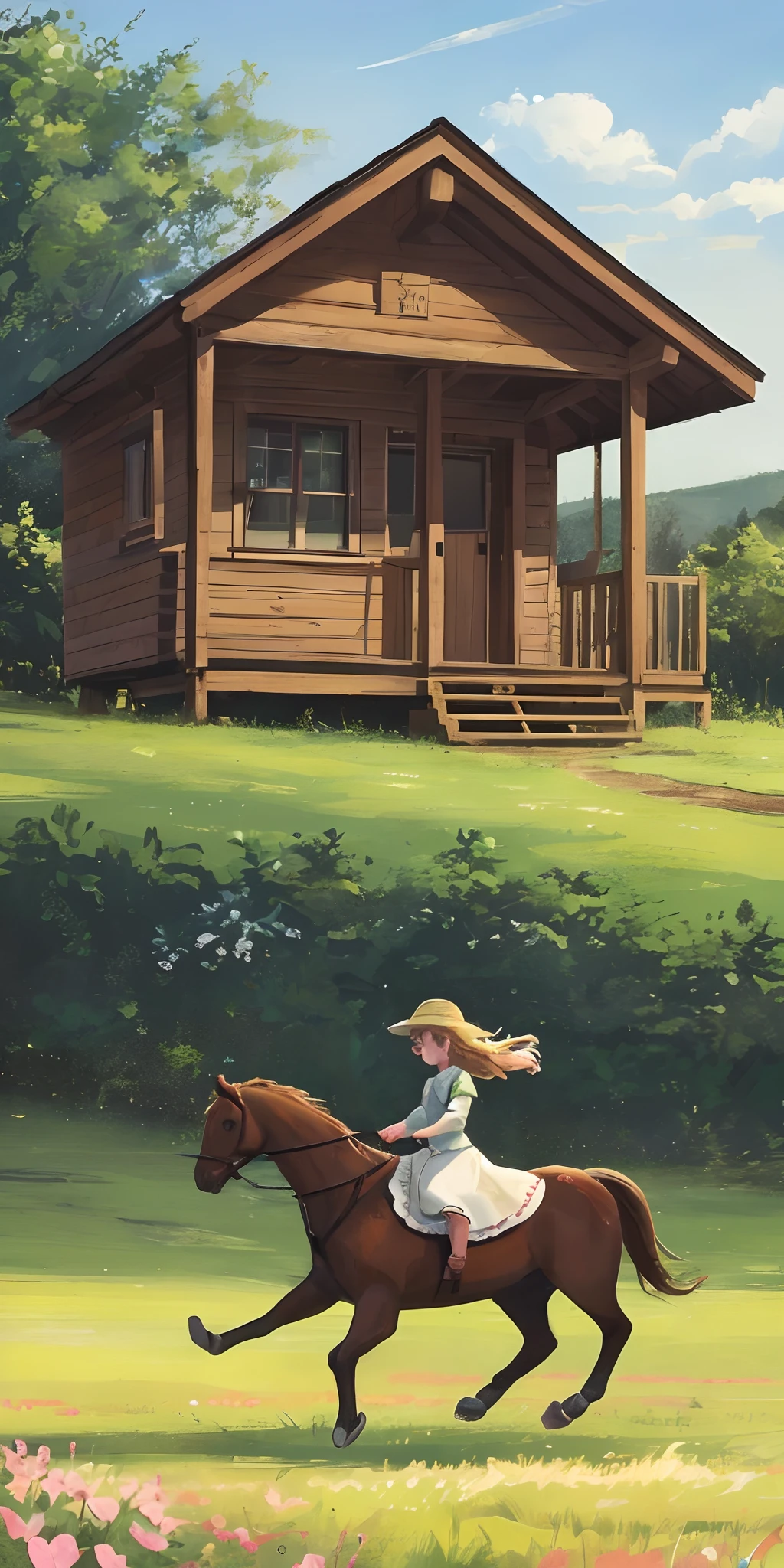 rios,grass field,wooden cabin,blossoms,A girl galloped