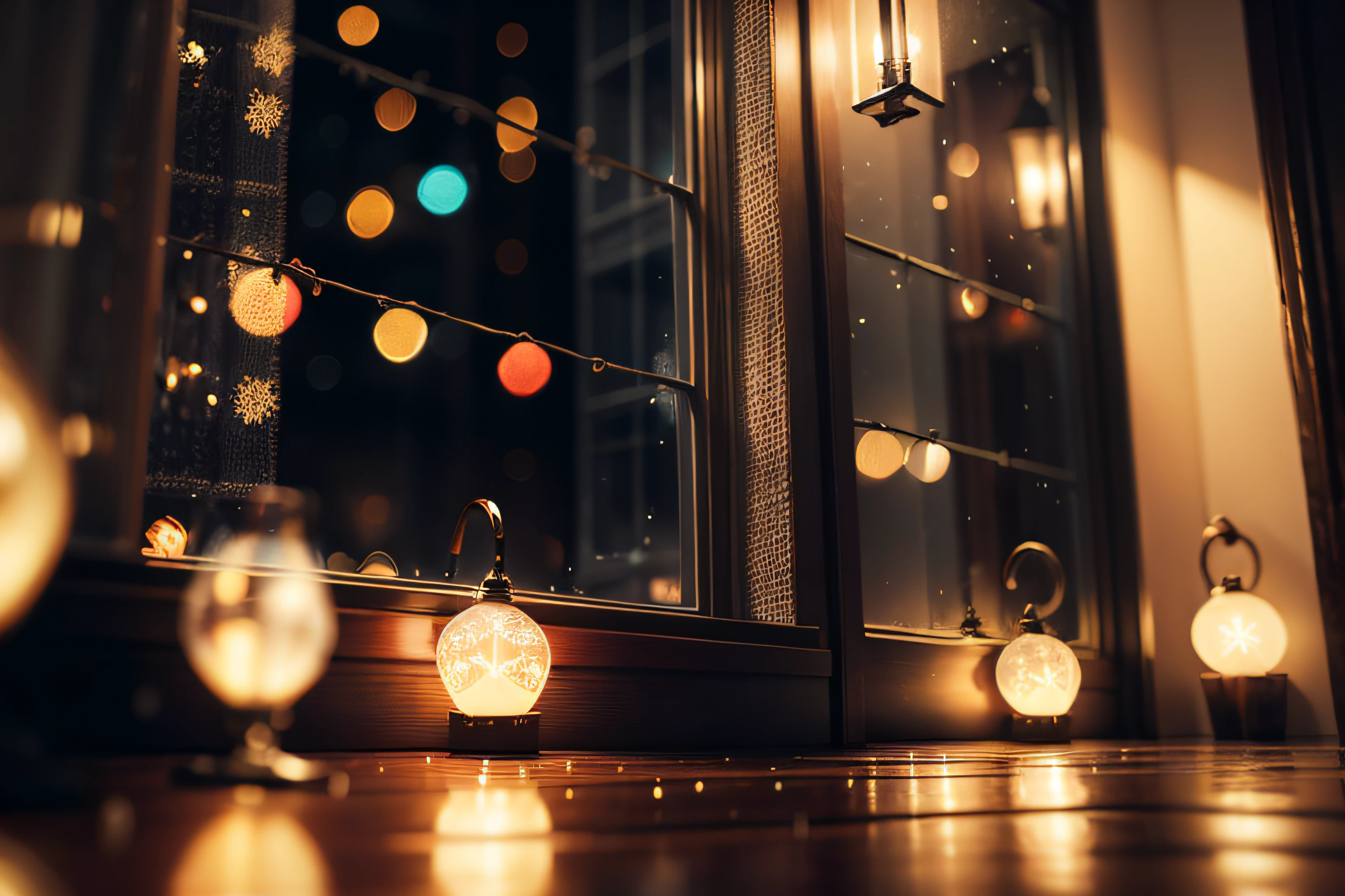 Christmas lights in a window, rainy night, blurred background, professional photography, 8k, realism, detailed.