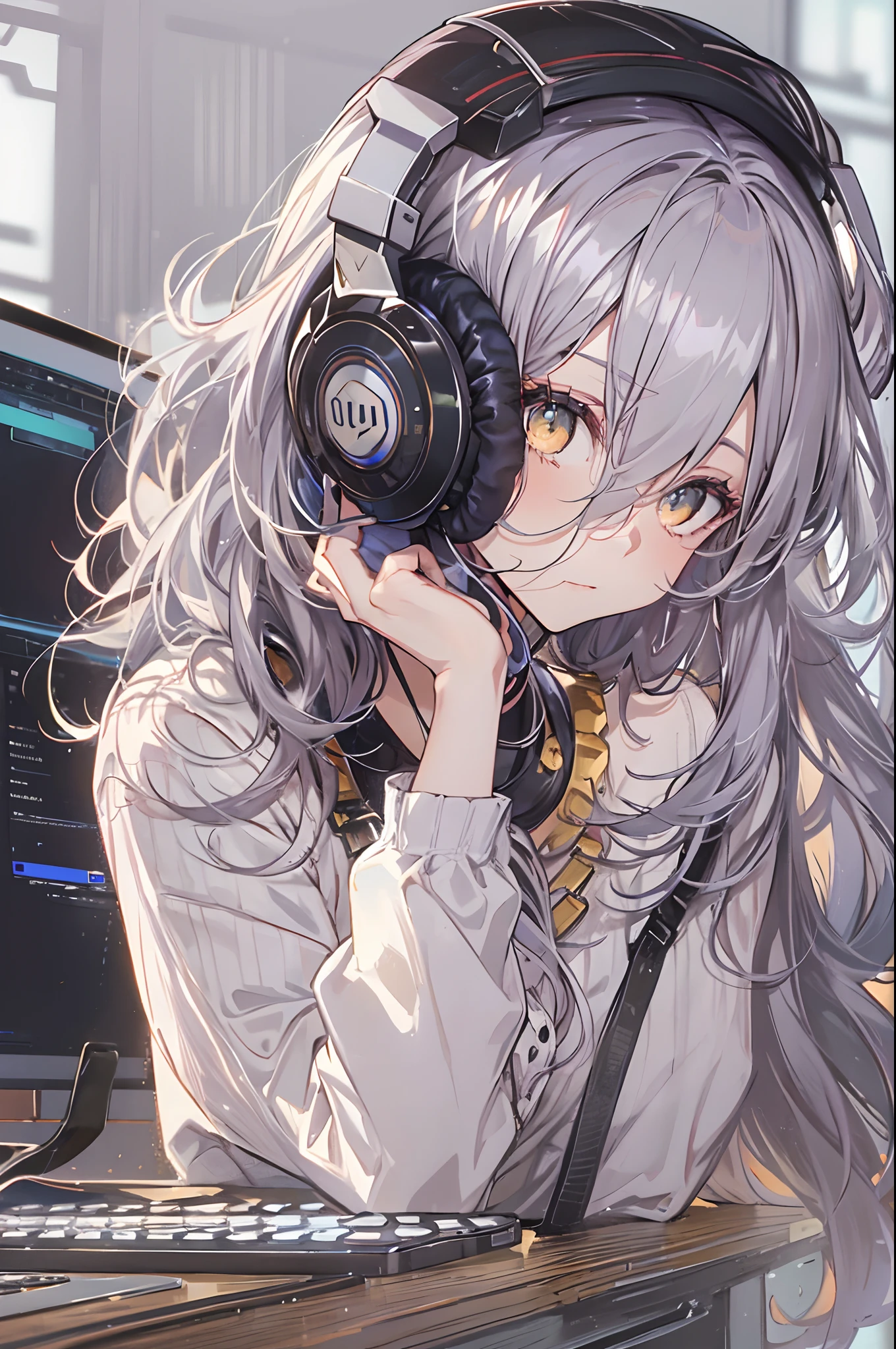 Woman using computer with big screen、silber hair、Semi-long hair、Wearing cool headphones,{{{{{{{{ Black Parker Oversize }}}}}}}},beautiful and delicate golden eyes,Thinking,Black clothes,
