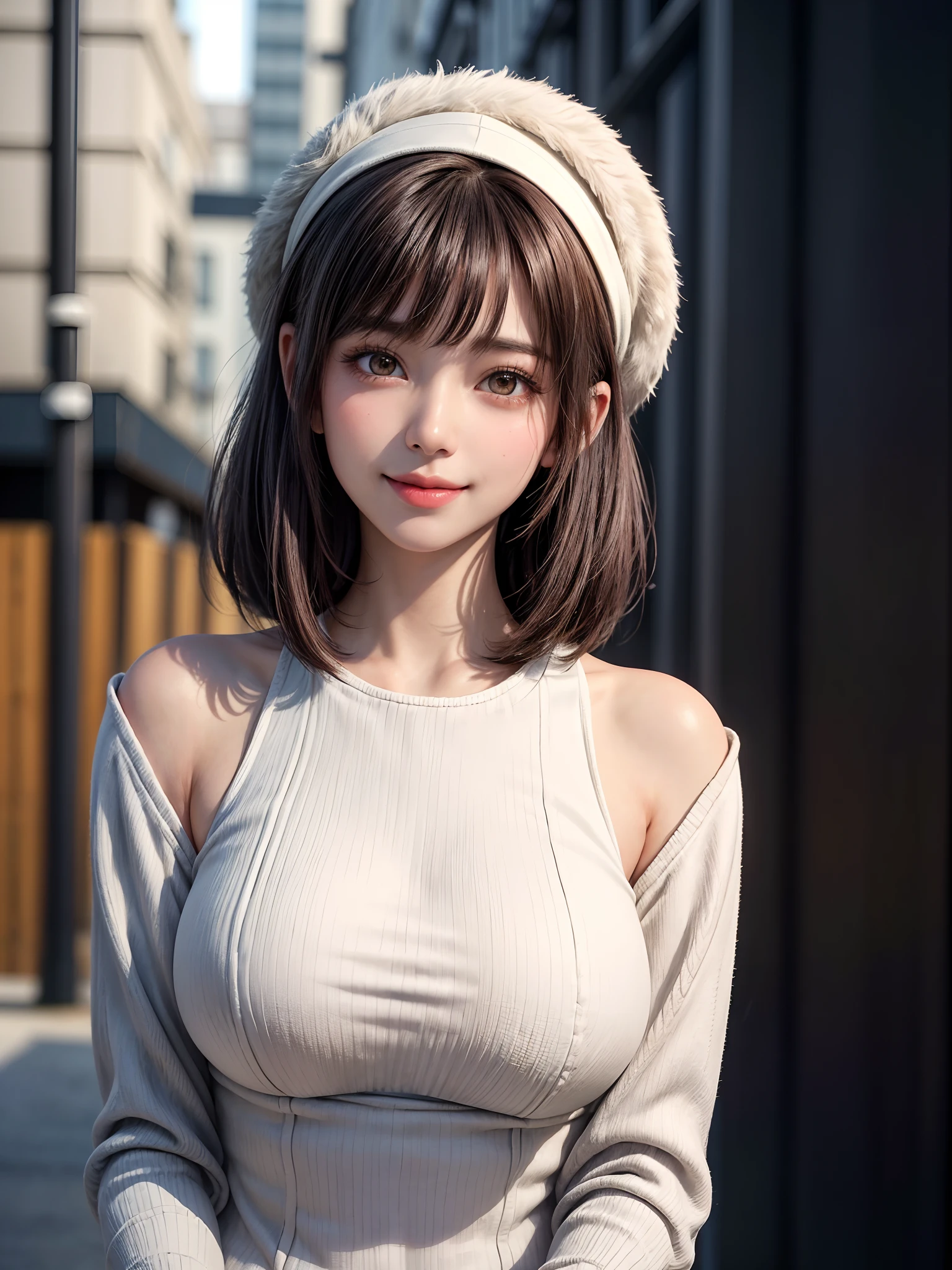 (masterpiece, top-quality、Beautiful woman full of adult charm8),1girl in, 独奏, A dark-haired, scarf, Hats,, realisitic, looking at the viewers, black eyes of light color, shorth hair, coat, Winter clothes, White headscarf, s lips, lipgloss,bangss,, a closed mouth, The upper part of the body、big eye、Lashes、((Street))、((Shorthair with bangs、big eye、Put very strong highlights in your students、very Bigger breasts、gazing at viewer、Very beautiful beauty、Put your ears out、long neck、little smiling、Close your mouth and smile)))、28 year old、Cute supermodels