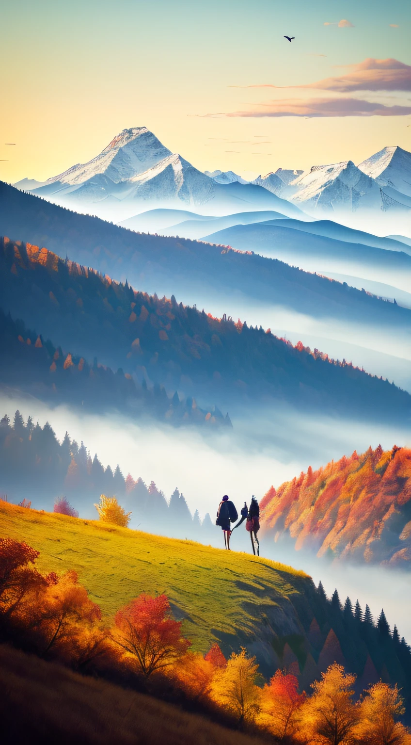 there are two people standing on a hill with backpacks, by Atey Ghailan, atey ghailan 8 k, in style of atey ghailan, Inspired by Atey ghailan, autumn mountains, kawaii, Lofi art, traveling through the mountains, author:Sylvain Salair, cyril rolando and goro fujita,Illustration style style,Autumn leaves fall,Full of maple leaves,High in the mountains,hilltop