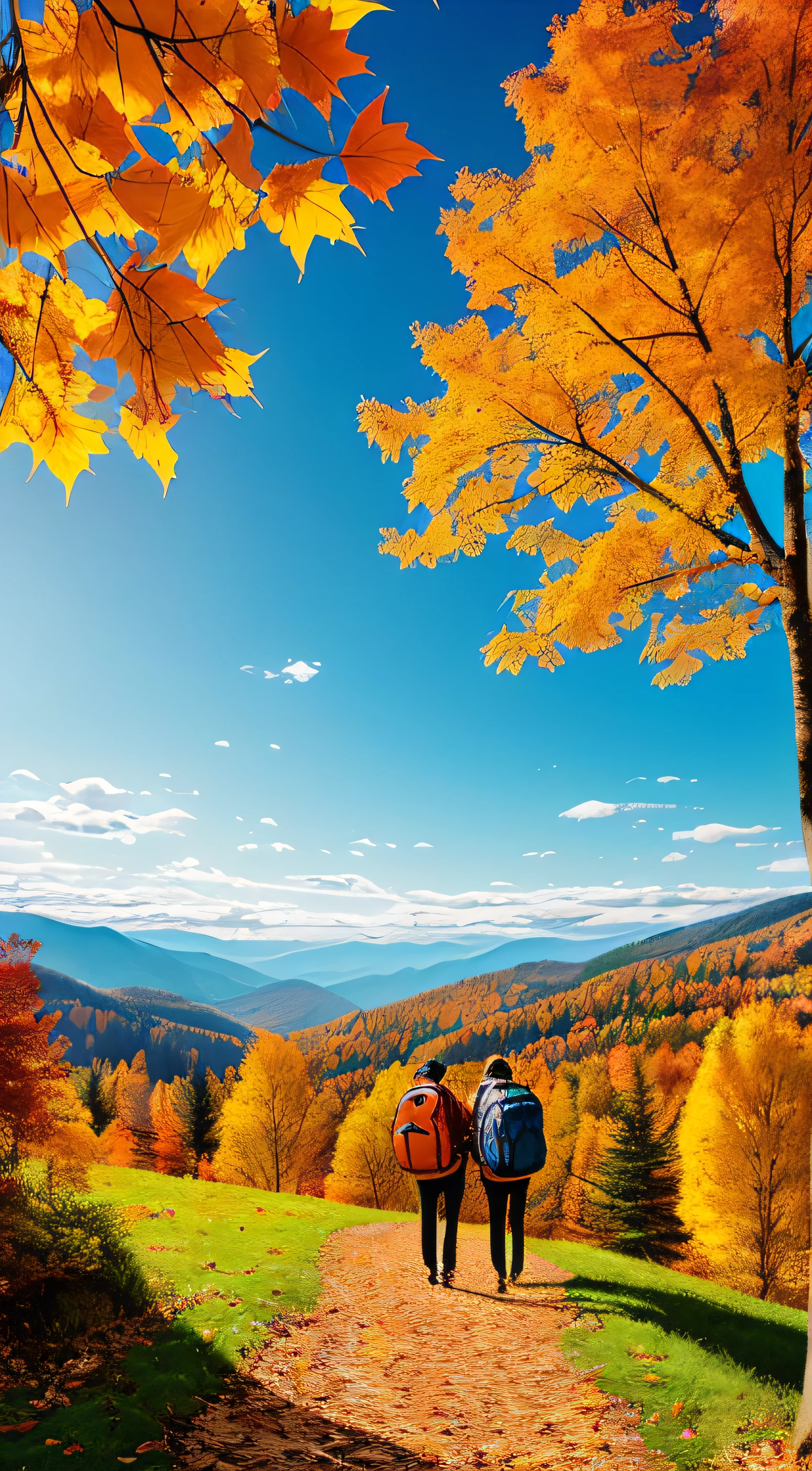 there are two people standing on a hill with backpacks, by Atey Ghailan, atey ghailan 8 k, in style of atey ghailan, Inspired by Atey ghailan, autumn mountains, kawaii, Lofi art, traveling through the mountains, author:Sylvain Salair, cyril rolando and goro fujita,Illustration style style,Autumn leaves fall,Full of maple leaves,High in the mountains,hilltop