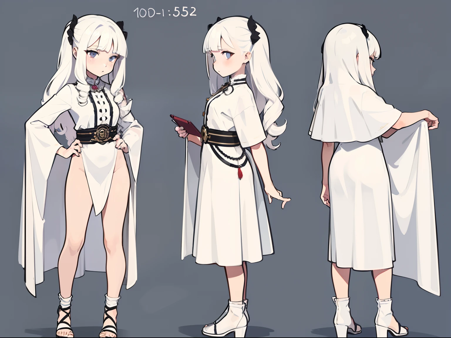 a matural female，Parted bangs，White color hair，Long hair with micro-curls，Standing painting，Character drawings，front-facing view，Back view，Tall one，Fantasy style costumes