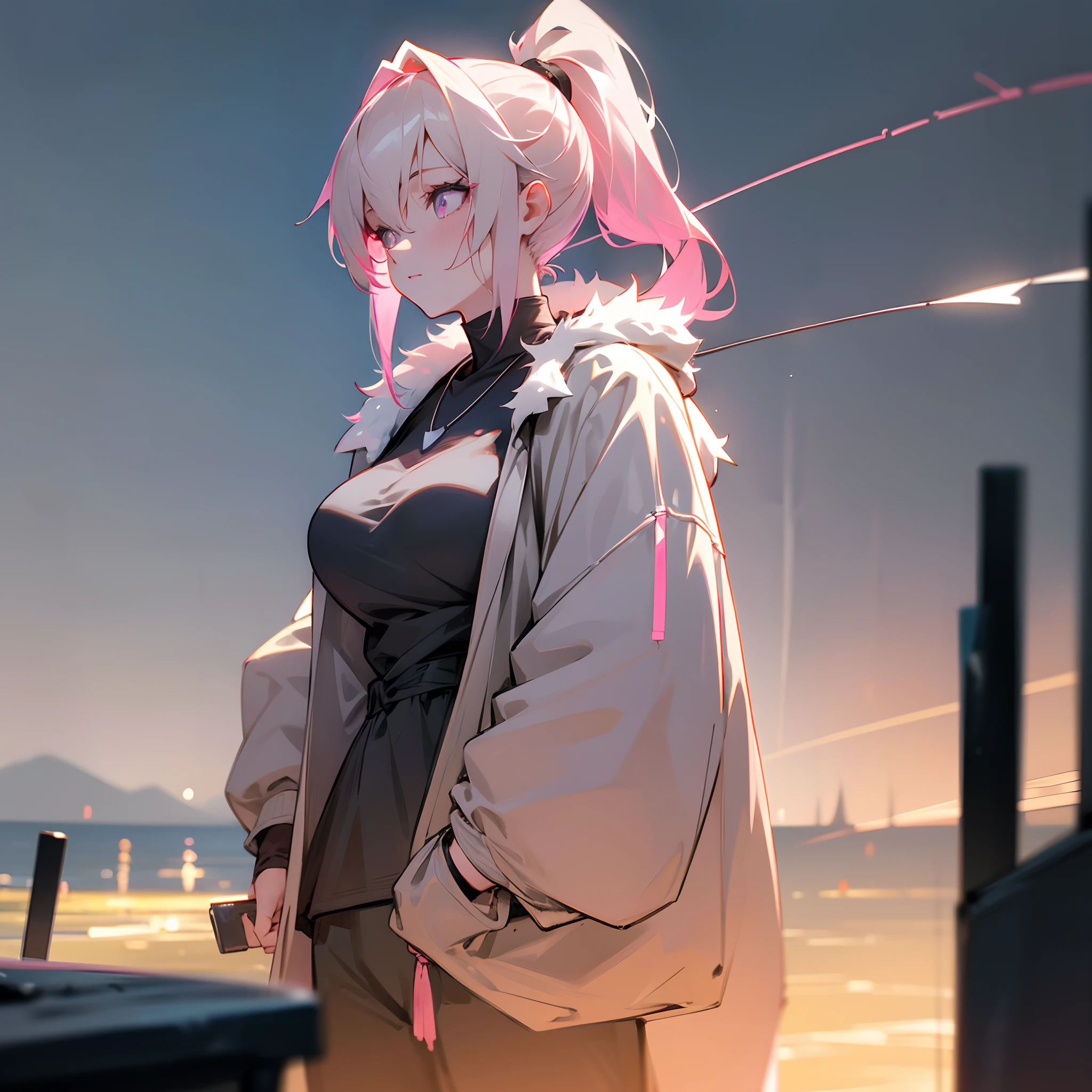 1female, big breast, pale blonde side ponytail with pink highlights, glowing grey eyes, loose casual clothes, jacket with oversized fur hood, necklace, best lighting and shadows, night time fishing village