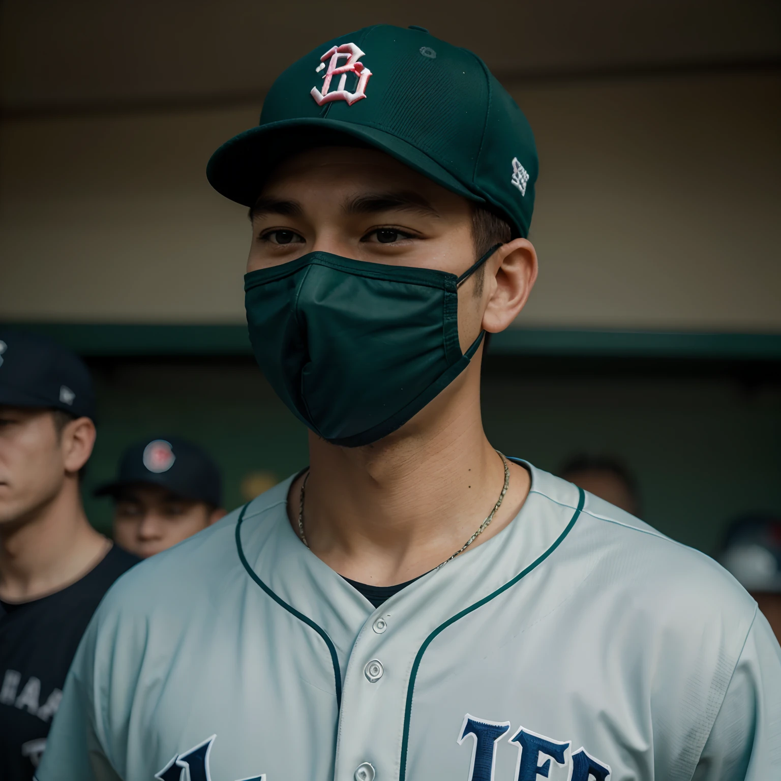 1man, solo, baseball, basball cap, body, japan, combine green color, baseball background style, wearing a nose mask masterpiece, uniform, ultra hd quality, 32k, photography, realistic faces.