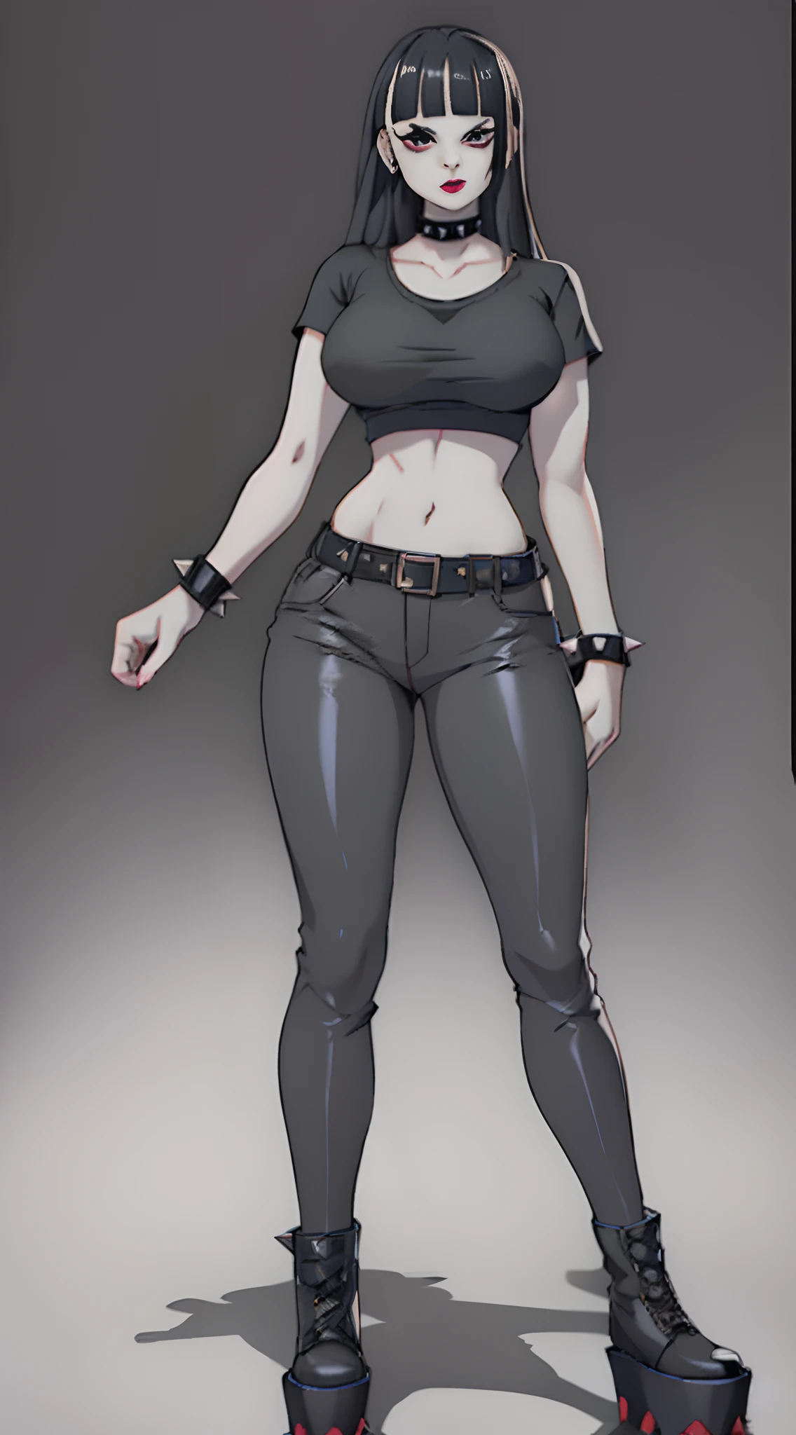 Goth Woman, pale skin, black lipstick, long straight black hair with bangs, choker with spikes, black clothes, black pants, big breasts, thin waist, wide hips, attractive face, big black platform combat boots, black t-shirt, spiked bracelet, full body