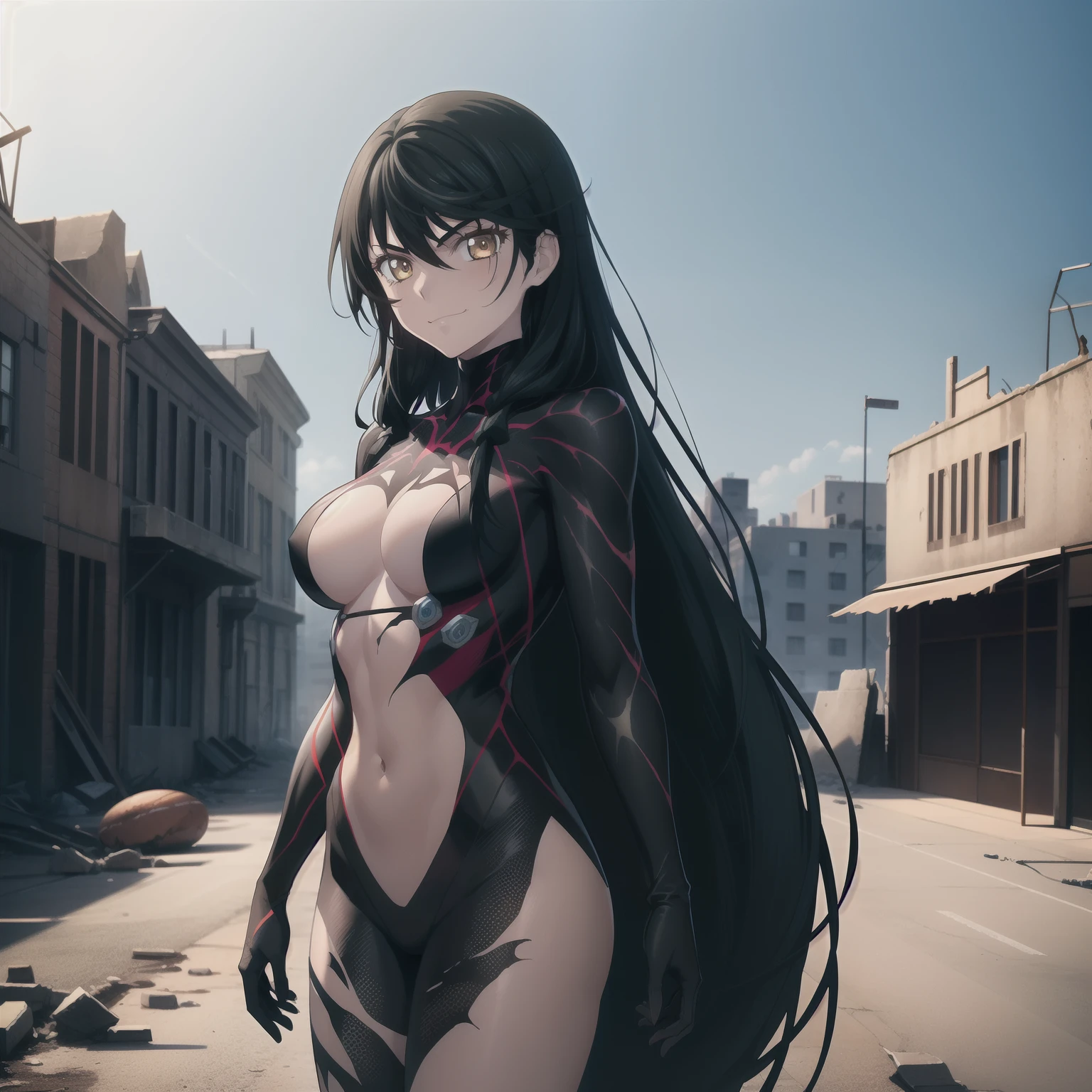 1girl,big breasts,standing in ruined city,(8k),scratches,detailed face,black hair,yellow eyes,big hair,embarassed,small smile face,high_res, high_definition,the battlefield,Heroic pose,black suit,(symbiote Venom Custome:1.1),