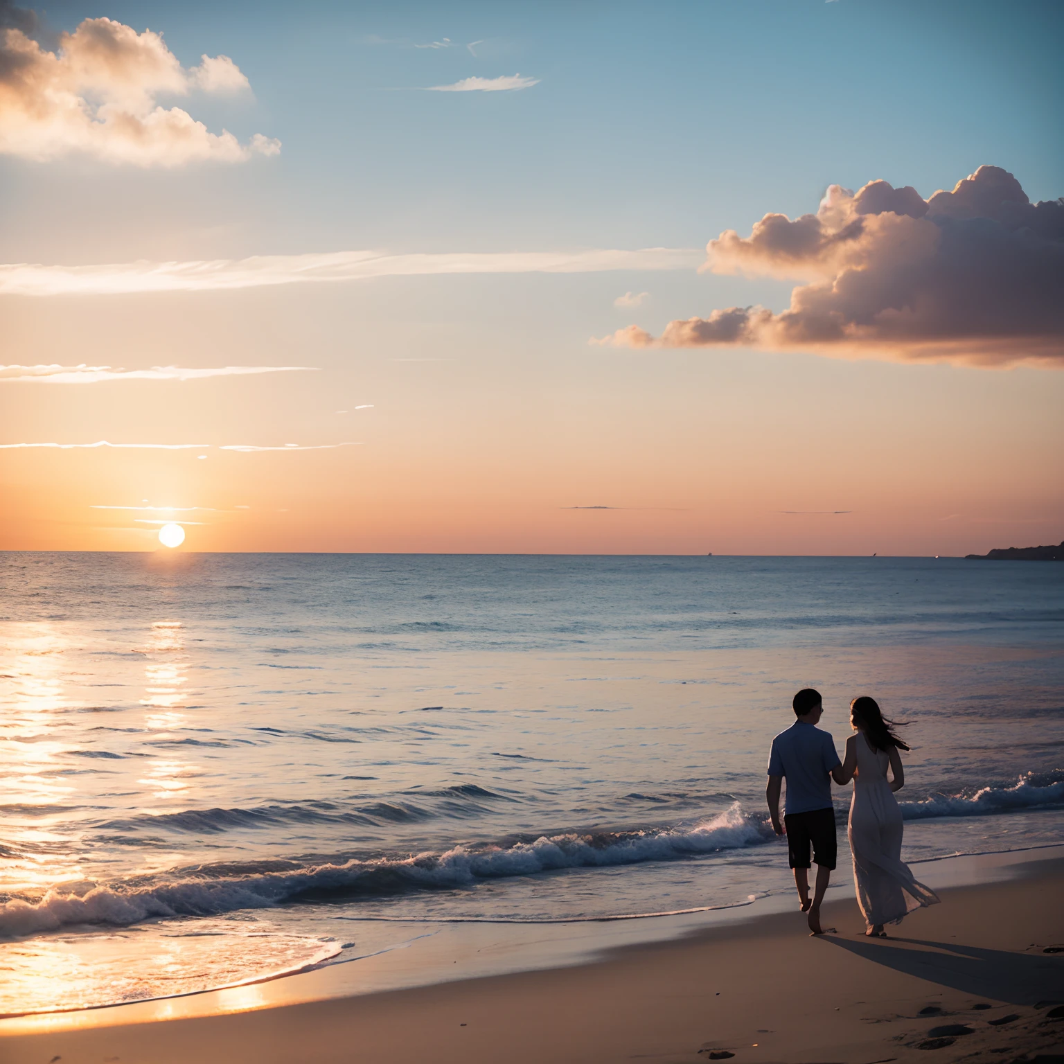 Sunset，A couple frolicking by the romantic seaside
