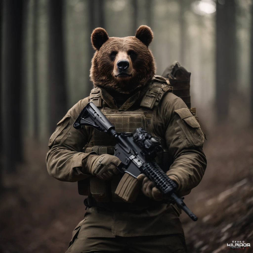 um urso com farda militar multicam com Colete Plate Carrier ForHonor, m4r1 com red dot