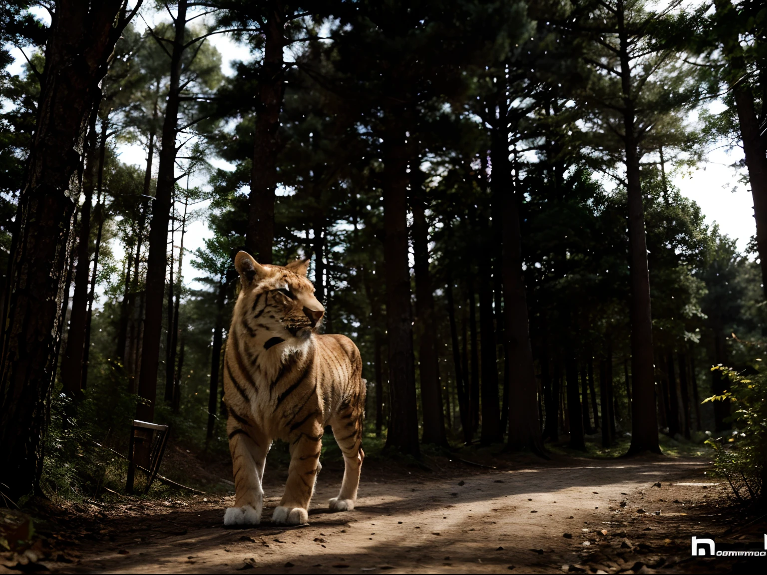 Liger,Walk in the Woods, Realistic, high contrast. Very detailed, close up shot.