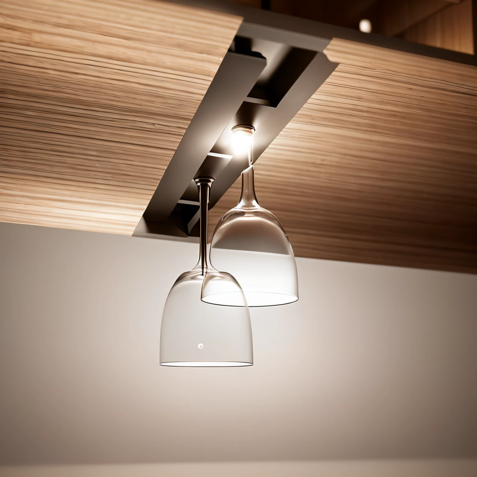 On the wooden shelf hung two wine glasses, with clear glass, zido, bottom angles, angled view, eye level view, uplit, eye - level view, Cascade, Professional design, hillside, top angle view, dramatic”, dramatic ”, top down spotlight lighting, vertical orientation, light lighting side view, top down angle, product design shot, ultra-realistic realism