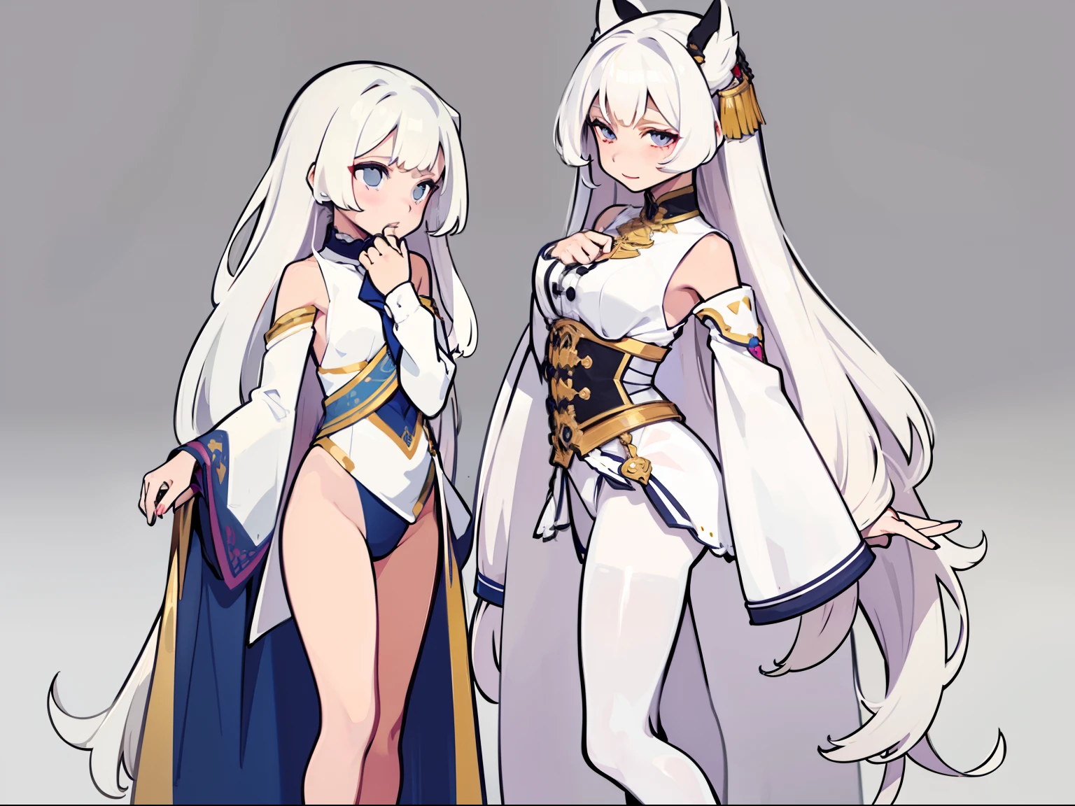 a matural female，Parted bangs，White color hair，Long hair with micro-curls，Standing painting，Character drawings，front-facing view，Back view，Tall one，Fantasy style costumes