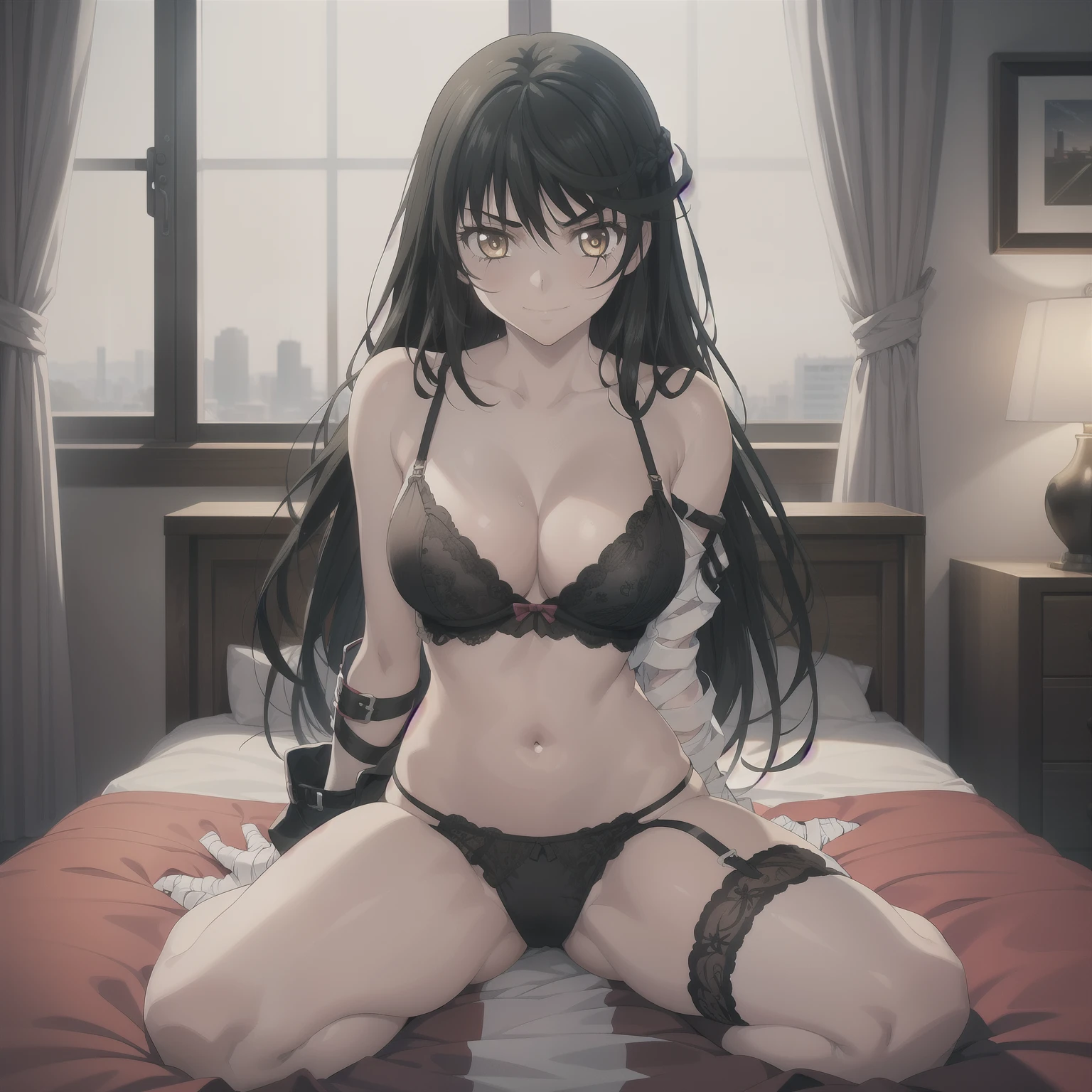 1girl,big breasts,hotel room,(8k),scratches,detailed face,black hair,yellow eyes,long hair,embarassed,shy,small smile,high_res, high_definition,sexy pose,black sexy lingerie,full body,Left arm fully bandaged,