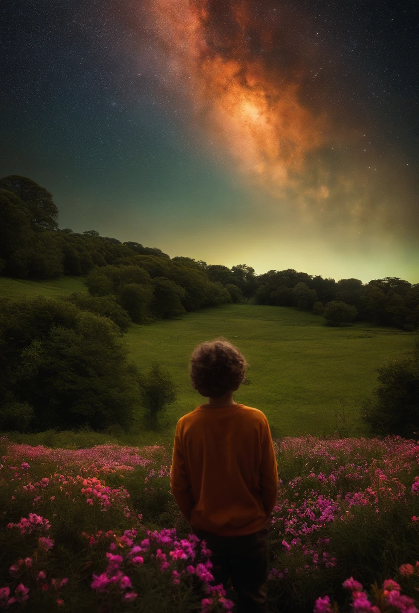Vastas fotos de paisagem, (de baixo, the sky above, Abrir campos abaixo), a boy standing in a field of flowers looking up, (lua cheia: 1.2), (Meteoro: 0.9), (nebula: 1.3), montanhas distantes, Trees BREAK Making Art, (Fonte de Luz Quente: 1.2), (Pirilampo: 1.2), lamps, Muito roxo e laranja, detalhes intrincados, volumetric lighting BREAK (master part: 1.2), (best quality), 4k, ultra detalhado, (dynamic compositing: 1.4), circunstanciado, colorido, (iridescente: 1.2), (brilhar, Atmospheric Illumination), sonhador, Fantastic, (sozinho: 1.2)