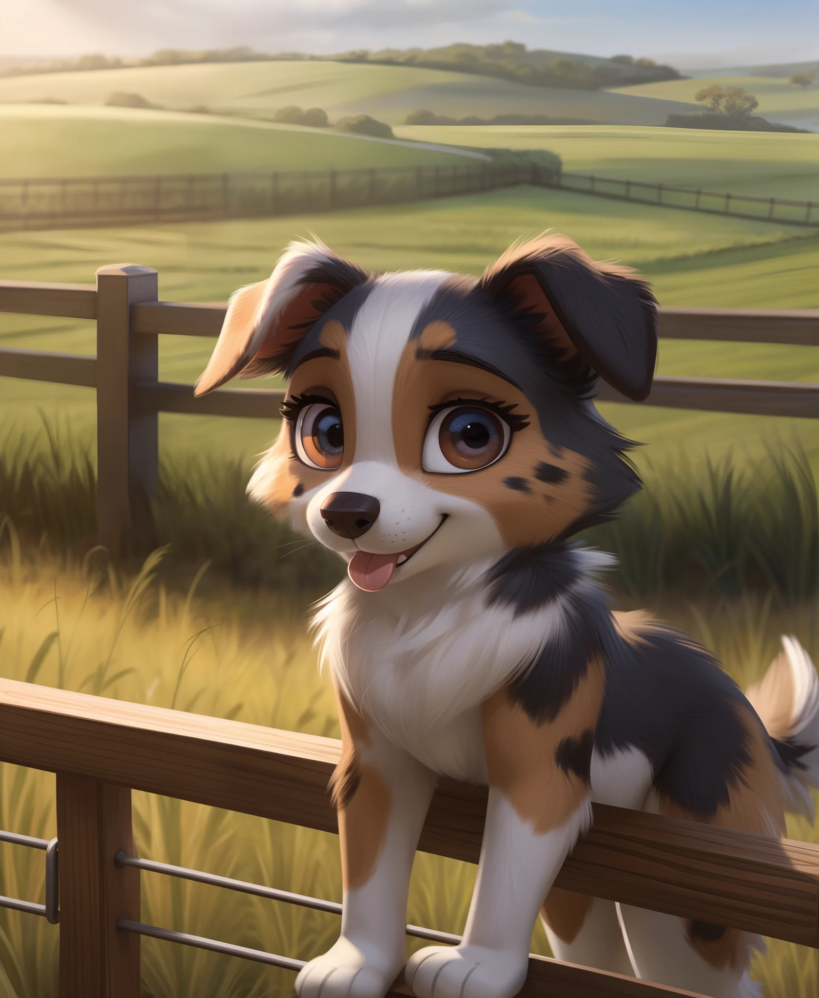 (by qupostuv35:1.0), (by siroc:0.8), female, (Detailed face), [(thin:1.1) : small petite : (Australian shepherd):4], (Detailed face), (more details, detailed background:1.1), lush eyelashes, tail, teases with tongue, (field:1.2), at the ranch, leaned on the railing,, looking at viewer,