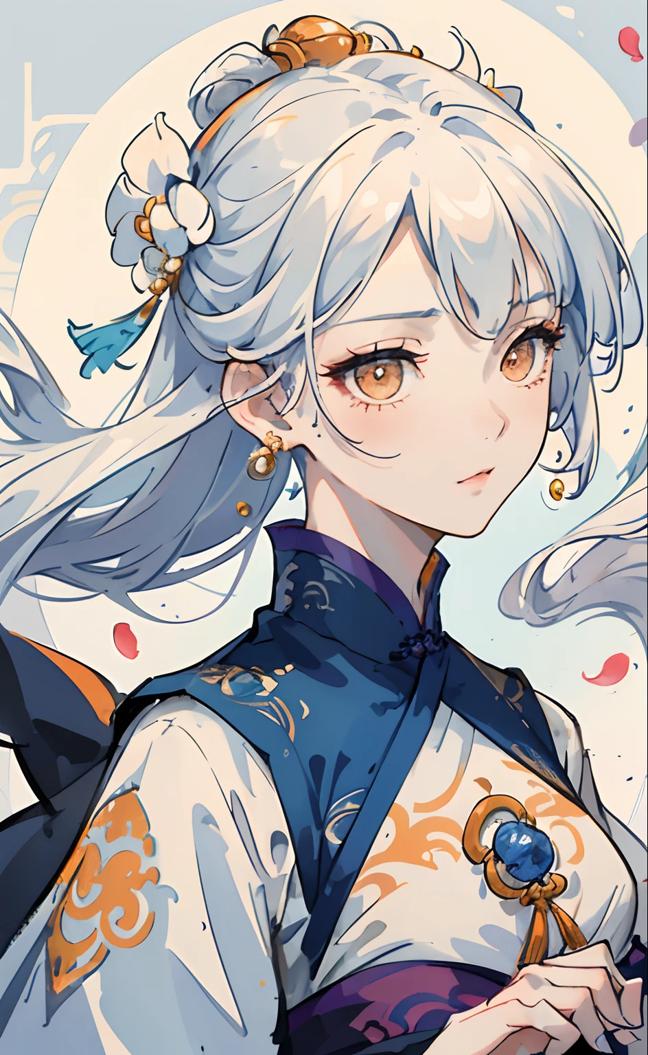 Mature girl, orange eyes, blue-white hair color, floating hair, delicate and flexible eyes, intricate damask hanfu, gorgeous accessories, wearing pearl earrings, FOV, f/1.8, masterpiece, ancient Chinese architecture, blue sky, flower petals flying, front portrait shot, Chang'e, side light, sunlight on people, 8K