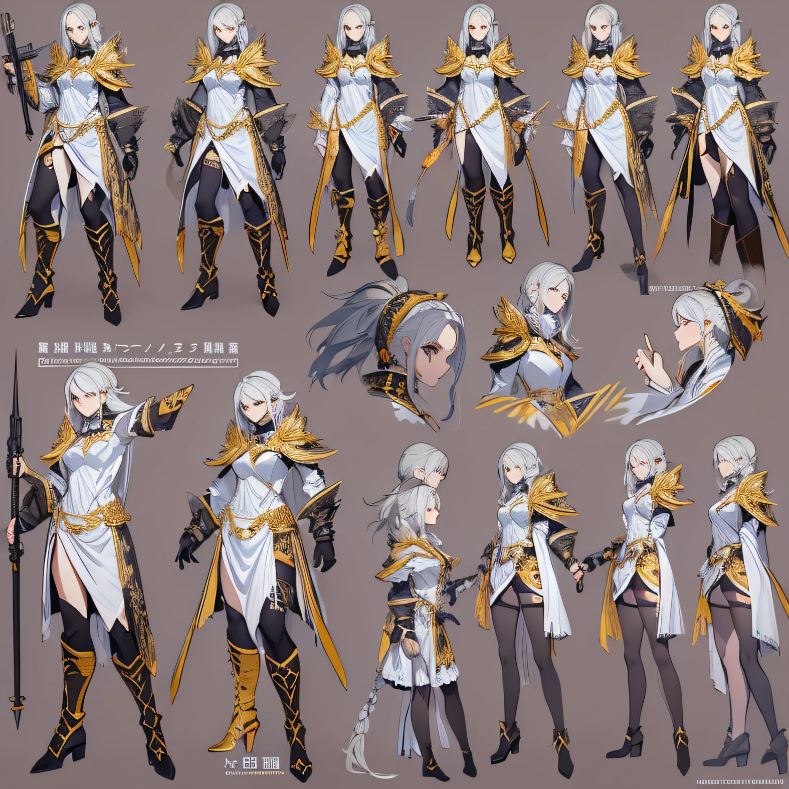 ((masterpiece, top-quality)), detailed face, Character design sheet, Full Body Esbian, full detail, Multiple gestures and expressions, high-detail, depth, Multi-part,God of War Man,Pure Black,Fantasy style,Hold the repeater,extremely beautiful,High Balance, natural light, Hell,lacepantyhose,Starriski,Black Star Decoration White hair, golden eyes, black and white weapons.