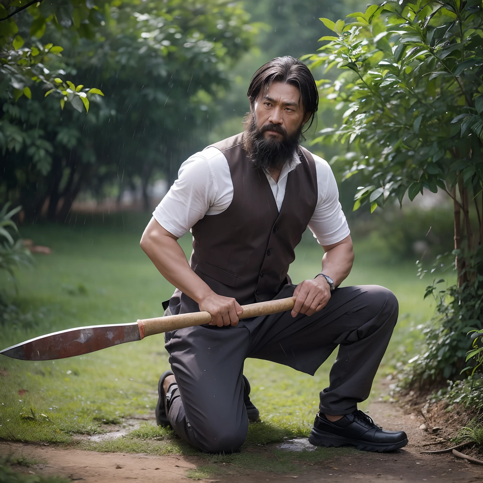 In the photo，We can see a strong peasant uncle，His hands clenched a huge hand axe。This axe looks like a weapon out of ancient mythology，It's an incredible exaggeration。
The peasant uncle's face was full of wrinkles，It's like hundreds of years of wind and rain erosion，A picture of vicissitudes and perseverance was formed。His eyes flashed with determination and determination，Like a warrior determined to defend his homeland。There were still a few drops of morning dew hanging from his beard，It gives the impression of fortitude and honesty。
He wore a worn-out vest，The pants and shoes were dyed with dirt and dead leaves。On his left shoulder was a bag full of dry food and a kettle，Give energy and warmth to his hard work。His right hand gripped the hand axe，That axe was almost as tall as him，It's an exaggeration。The blade of the axe shimmered cold in the sunlight，It seems to be admonishing everyone who approaches，This is his territory，His responsibility。
The surrounding trees were cut down to the ground，Their fallen bodies formed a barrier，It provided a safe line of defense for his homeland。The felled trees seemed to tell his story，Those years when he toiled in the cold wind，Those days when he sweated in the rain。
The whole picture is full of strength and tenacity，Feel awe-inspiring。Although the hand axe is incredibly exaggerated，But the peasant uncle's firm eyes，The steady pace and determined expression are convincing。This is his life，That's what he does，This is his responsibility and honor。