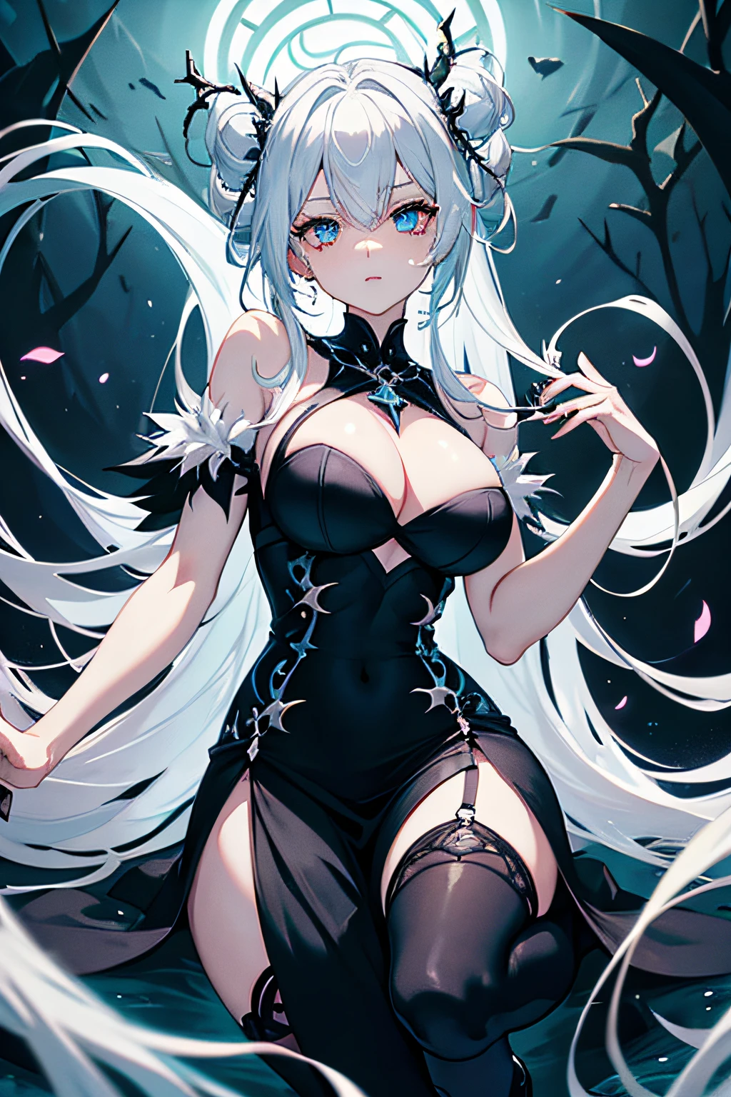 Woman with white hair tied up in shiny gold rings, heterochromia (red left eye and blue right eye), eyes with little white hearts, sexy black dress with cyan details and thorns on the shoulders down to the neckline, thin black tights with details on the shins, black boots, holding a black fan with cyan details, a monster's eye surrounded by thorns at the back