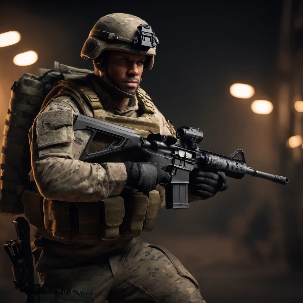 a bear in a multicam military uniform, wearing a Plate Carrier ForHonor vest, carrying an M4 rifle with a red dot sight. 
(best quality, 4k, highres, masterpiece:1.2), ultra-detailed, (realistic, photorealistic, photo-realistic:1.37), HDR, UHD, studio lighting, extreme detail description, professional, vivid colors, bokeh, portraits.