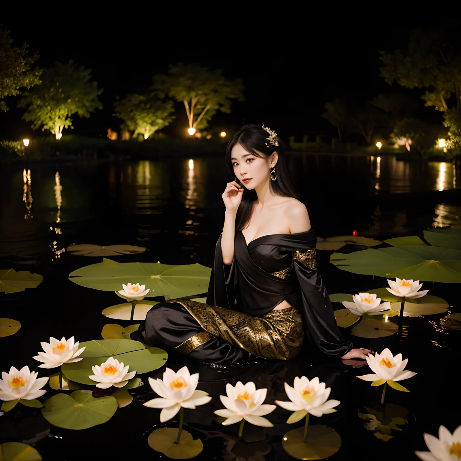Beautiful woman in costume by the lotus pond at night