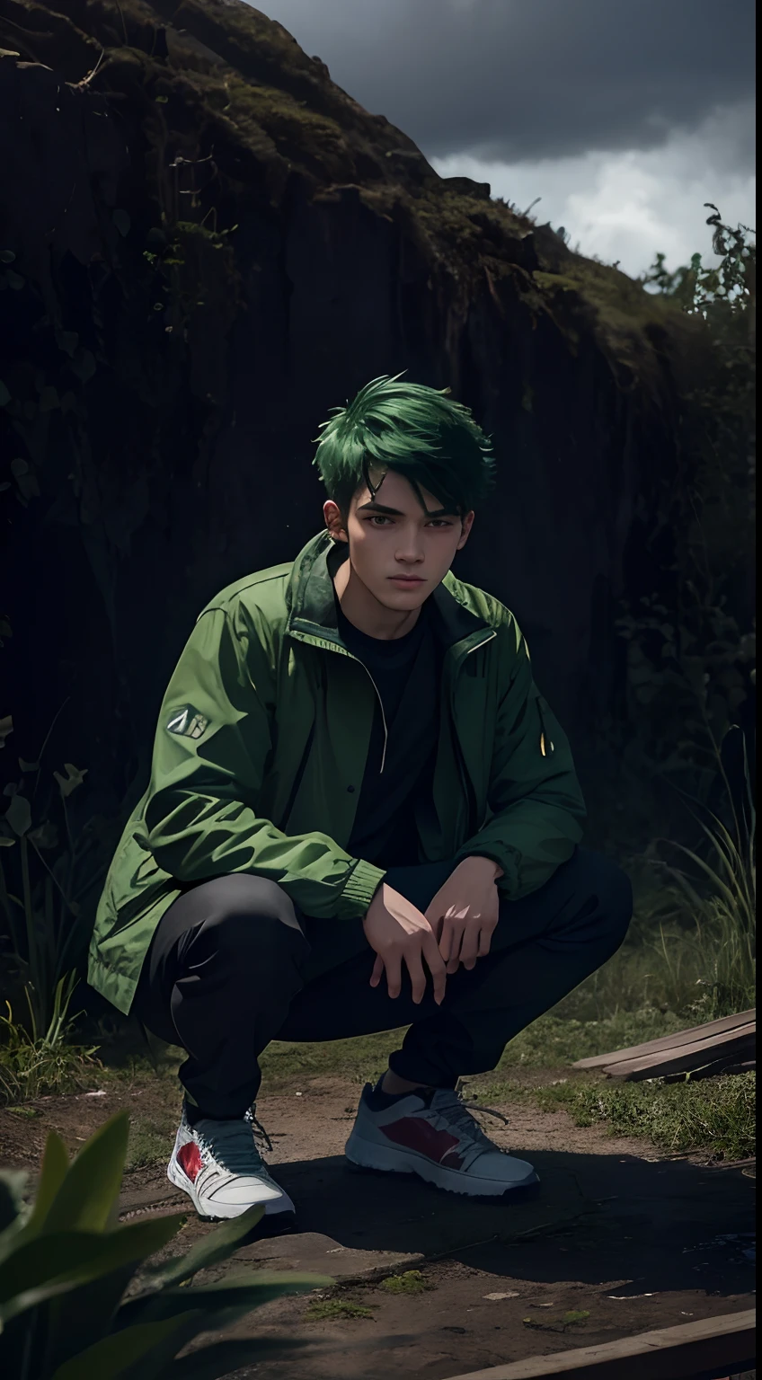 20 year old man, he wears a green jacket, he wears black trousers, he wears white sneakers, he has short green hair, he has green eyes, he was squatting, he looked to the side, he was in the mesozoic era jungle, wind, swamp water, eerie sky and clouds, very quiet atmosphere, dinosaur species, very realistic, very detailed