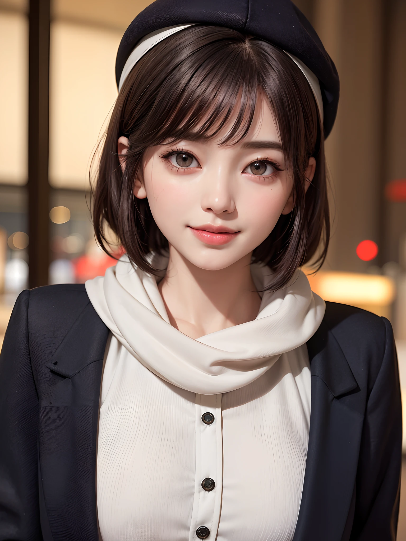 (masterpiece, top-quality、Beautiful woman full of adult charm8),1girl in, 独奏, A dark-haired, scarf, Hats,, realisitic, looking at the viewers, black eyes of light color, shorth hair, coat, Winter clothes, White headscarf, s lips, lipgloss,bangss,, a closed mouth, The upper part of the body、big eye、Lashes、((Street))、((Shorthair with bangs、big eye、Put very strong highlights in your students、very Bigger breasts、gazing at viewer、Very beautiful beauty、Put your ears out、long neck、little smiling、Close your mouth and smile)))、28 year old、Cute supermodels