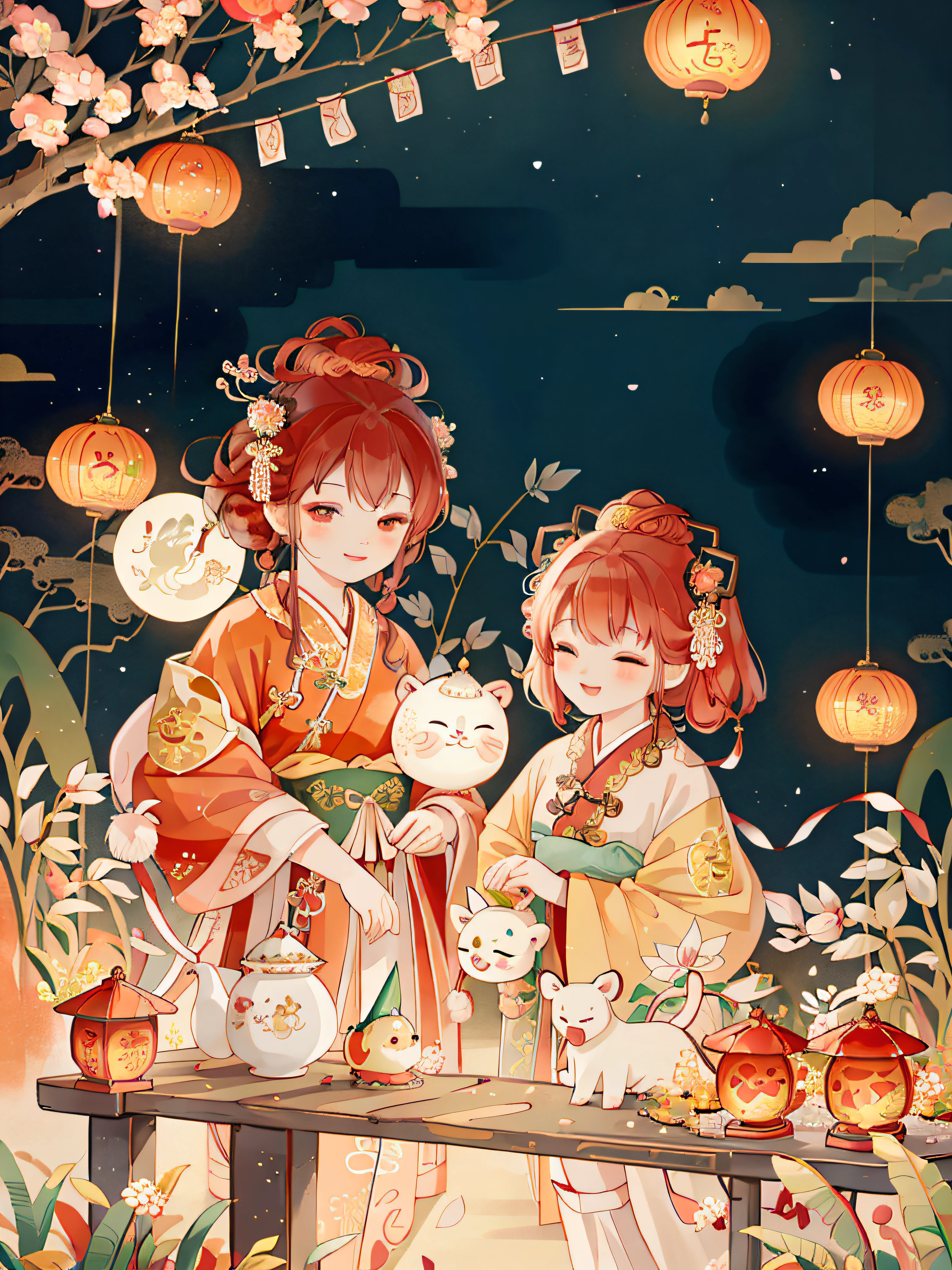 Spring Festival elements，Cute fairy，There are lion dancers next to the girls，Festive Spring Festival，Traditional Chinese ornaments，Red lanterns，Auspicious couplet，lion dance，Dragon dance，firecrackers，Family reunification，dumpling，rice cake，temple fair，Lively street，kids playing，Warm hugs，Cultural heritage。