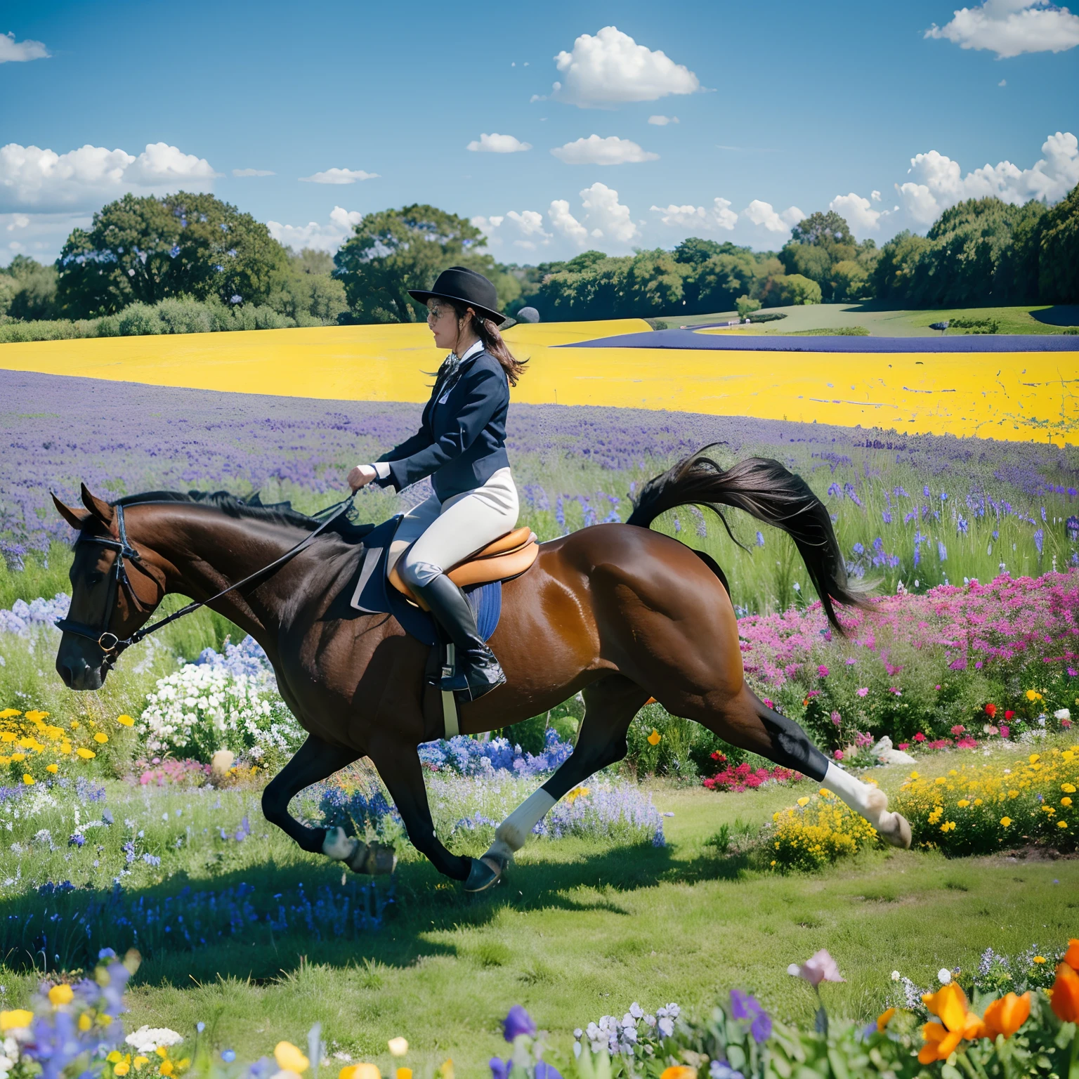 A sea of flowers and a blue sky,Galloping steed