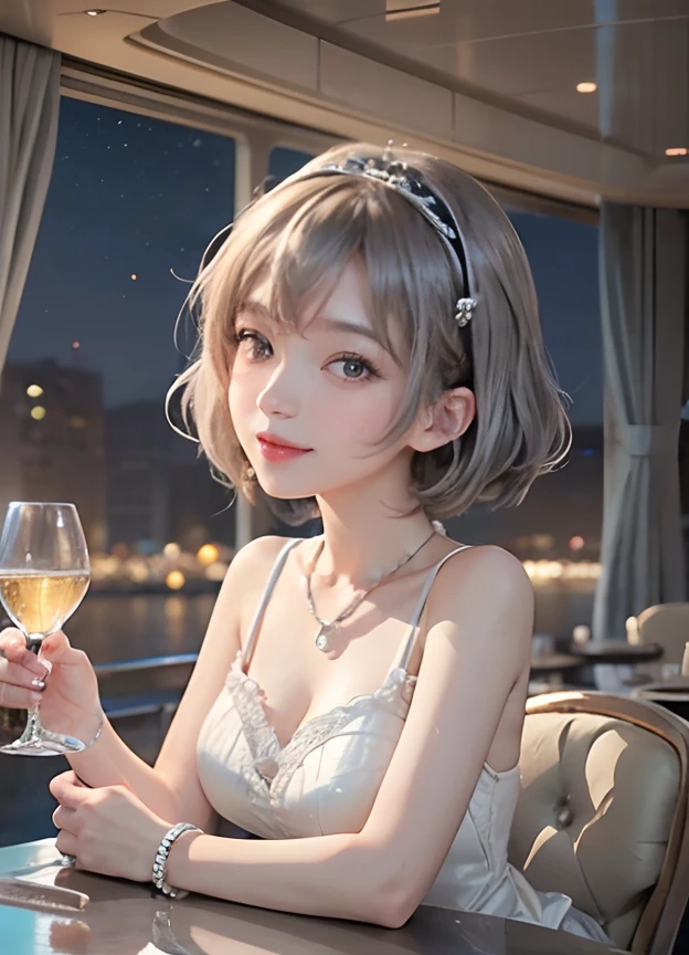 Watanabe You Love Live Sunshine,masterpiece,best quality,very detailed,grey hair,curly short hair,hairclip,light blue eyes,smile,pearl necklace,white dress with diamond collar,howine glass,on the cruise ship,nightcity vibes,river,very detailed background,very detailed pose,very detailed dress,very detailed hand pose