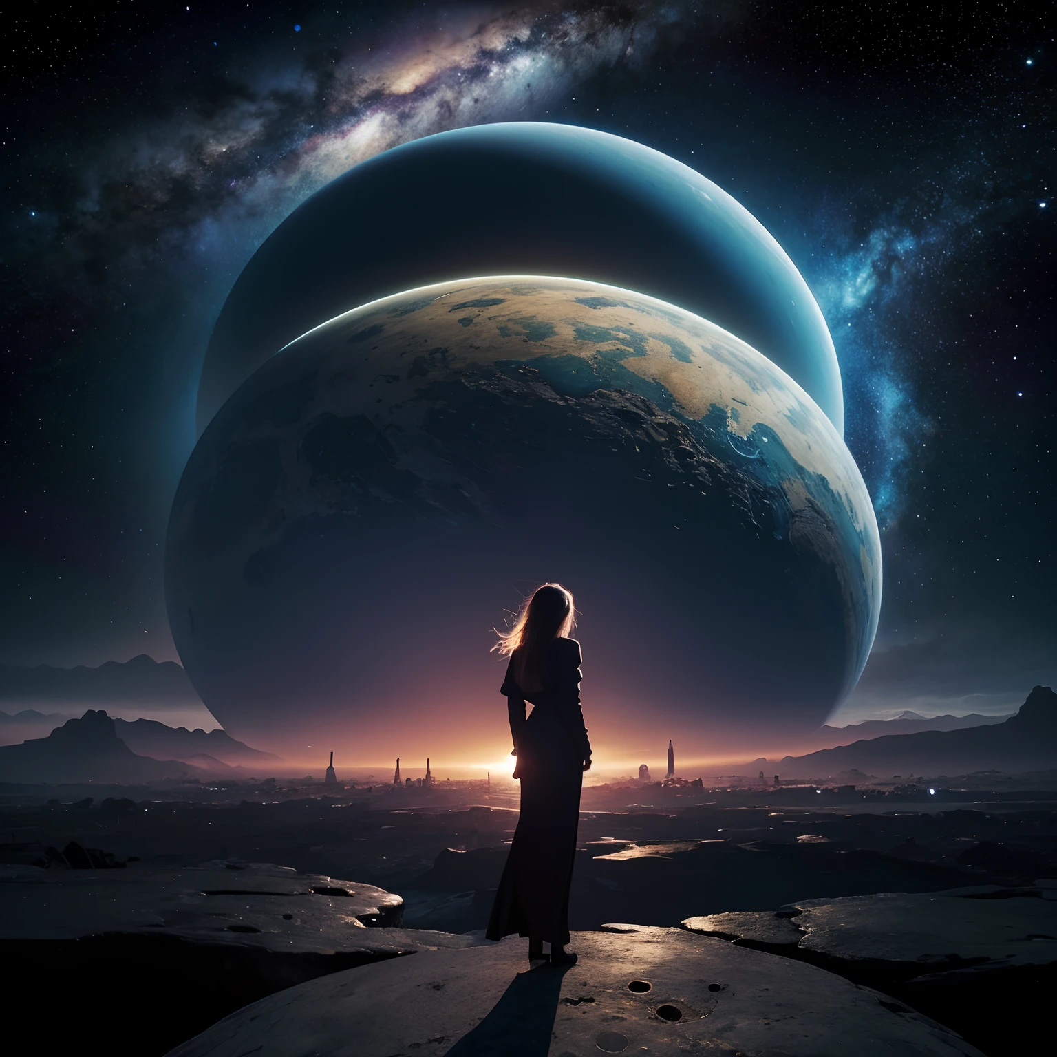 There is a woman standing in front of a painting of a planet, futuristic city in background, psytrance artwork, Interconnected human life forms, panoramic view of girl, Avant-garde rock album cover, dream of the endless, Stardust, milky ways, Stoner Rock