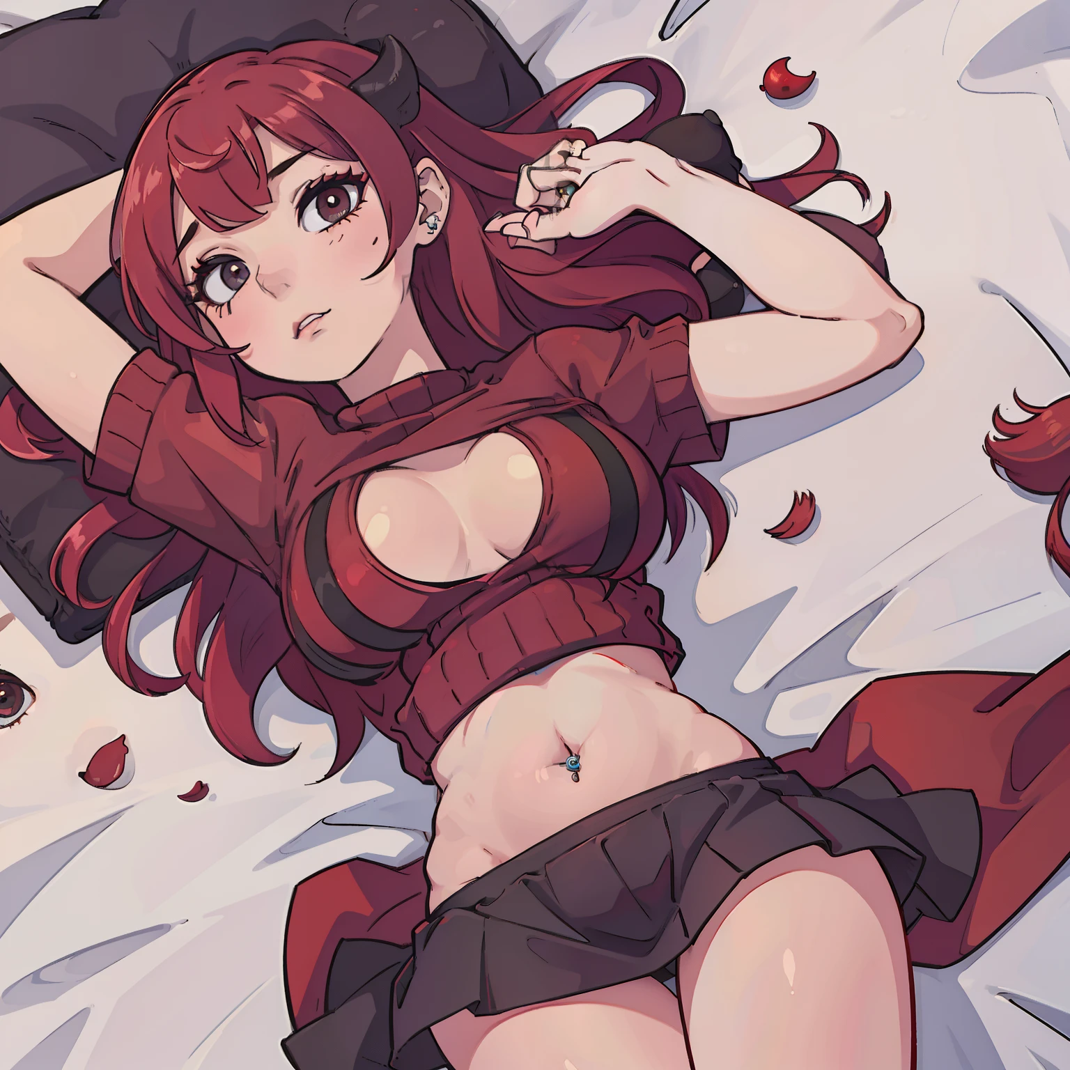 NSFW,27-years old,woman laying on bed with her hands above her head,bedroom background,4k,masterpiece,red-colored hair,seductive,big boobs,colorful,succubus,tight short skirt,thin small knitted sweater with no sleeves, tight black crop-top,thicc, luscious thighs,abdomen showing,under-boob,belly-button piercing,gorgeous hair decoration,