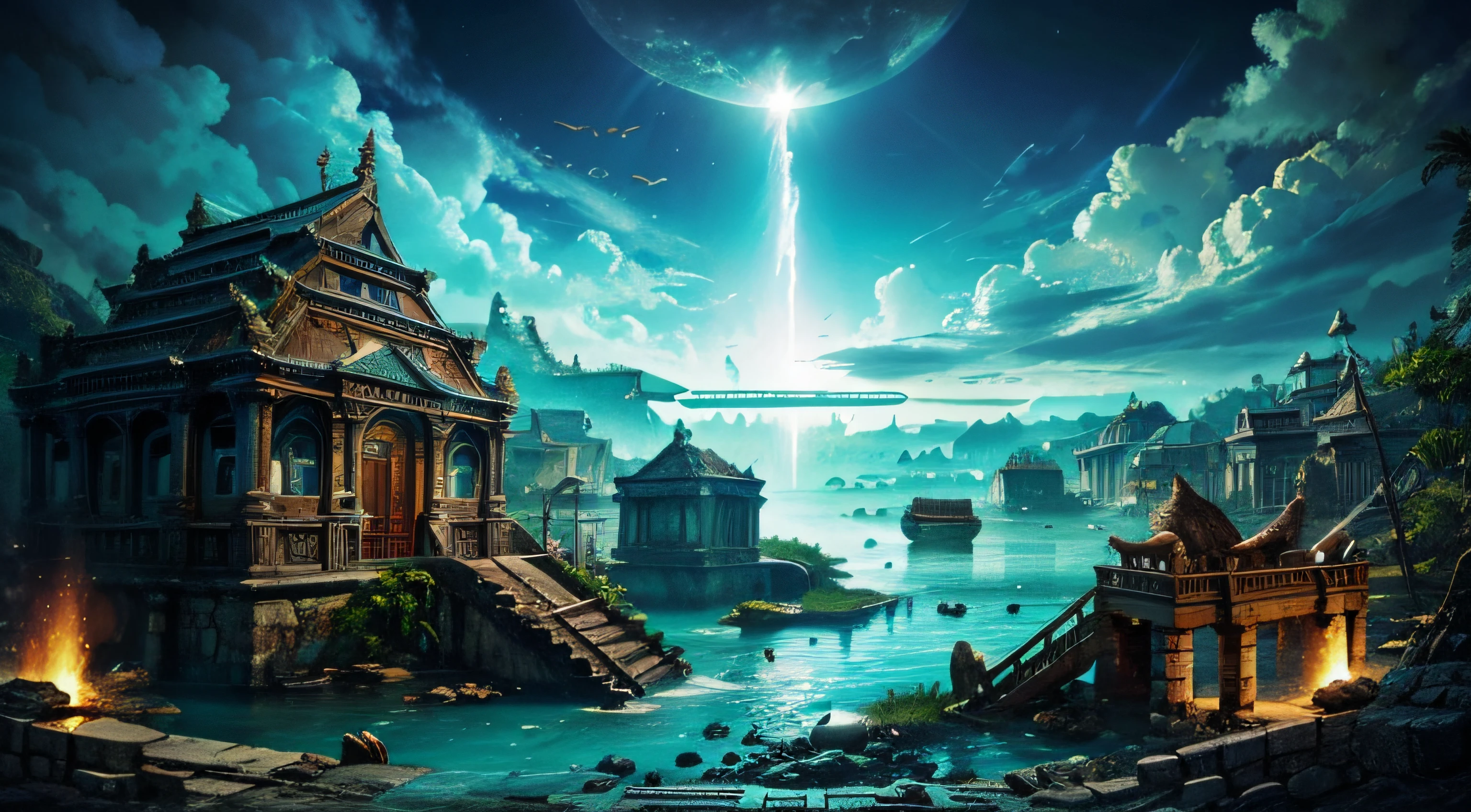 Extinct civilizations Animals mystical Submerged villages falls wall-paper