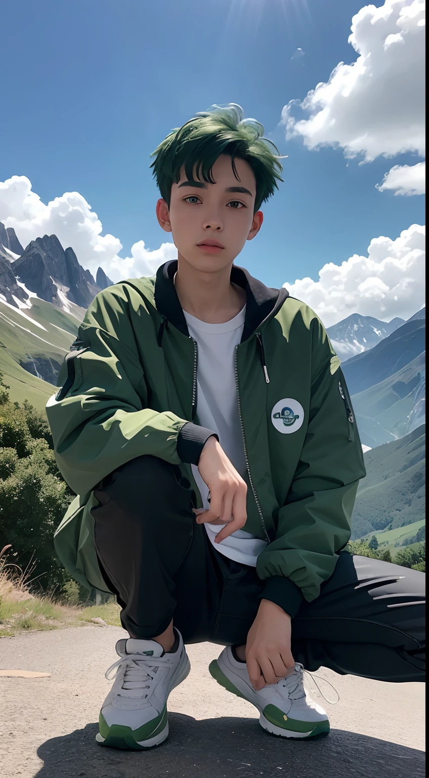 18 year old man, he wears a green jacket, he wears black trousers, he wears white sneakers, he has short green hair, he has green eyes, he is in the mountains, the wind, the sun, sky and clouds, very realistic, very detailed