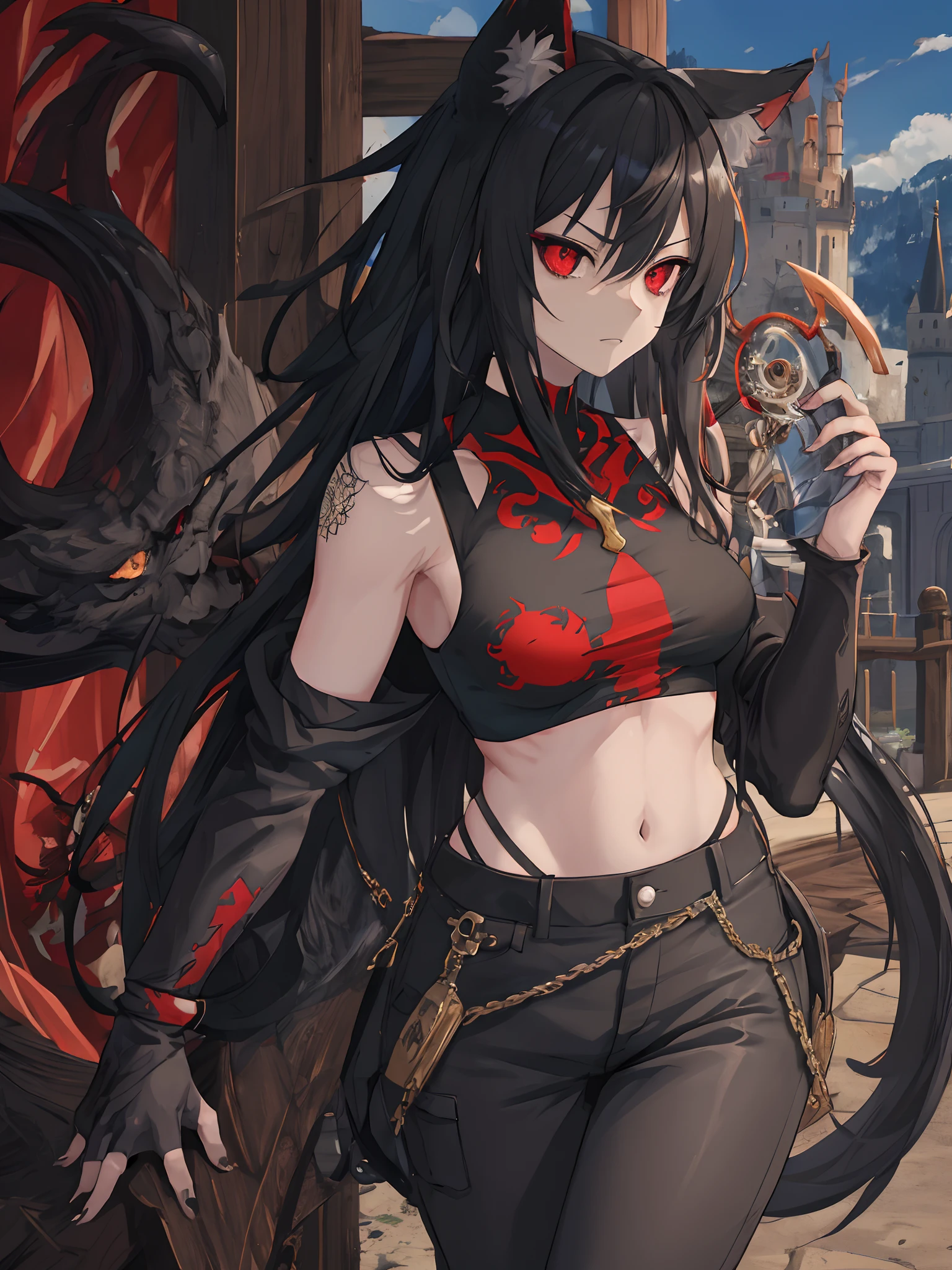 (masutepiece, Best Quality), (hight resolution, Ultra-detailed), (absurderes, Perfect Anatomy), Outdoors, castle, 1girl in, Solo, UH, Monster Girl, black sclera, Dark skin, Gray Skin, (animal hands), Cowboy Shot, Red Eyes, Black fur, hair between eye, Long hair, Tank top, Pants, Toned, tusk, A sexy、serious facial expression、glare、pressure