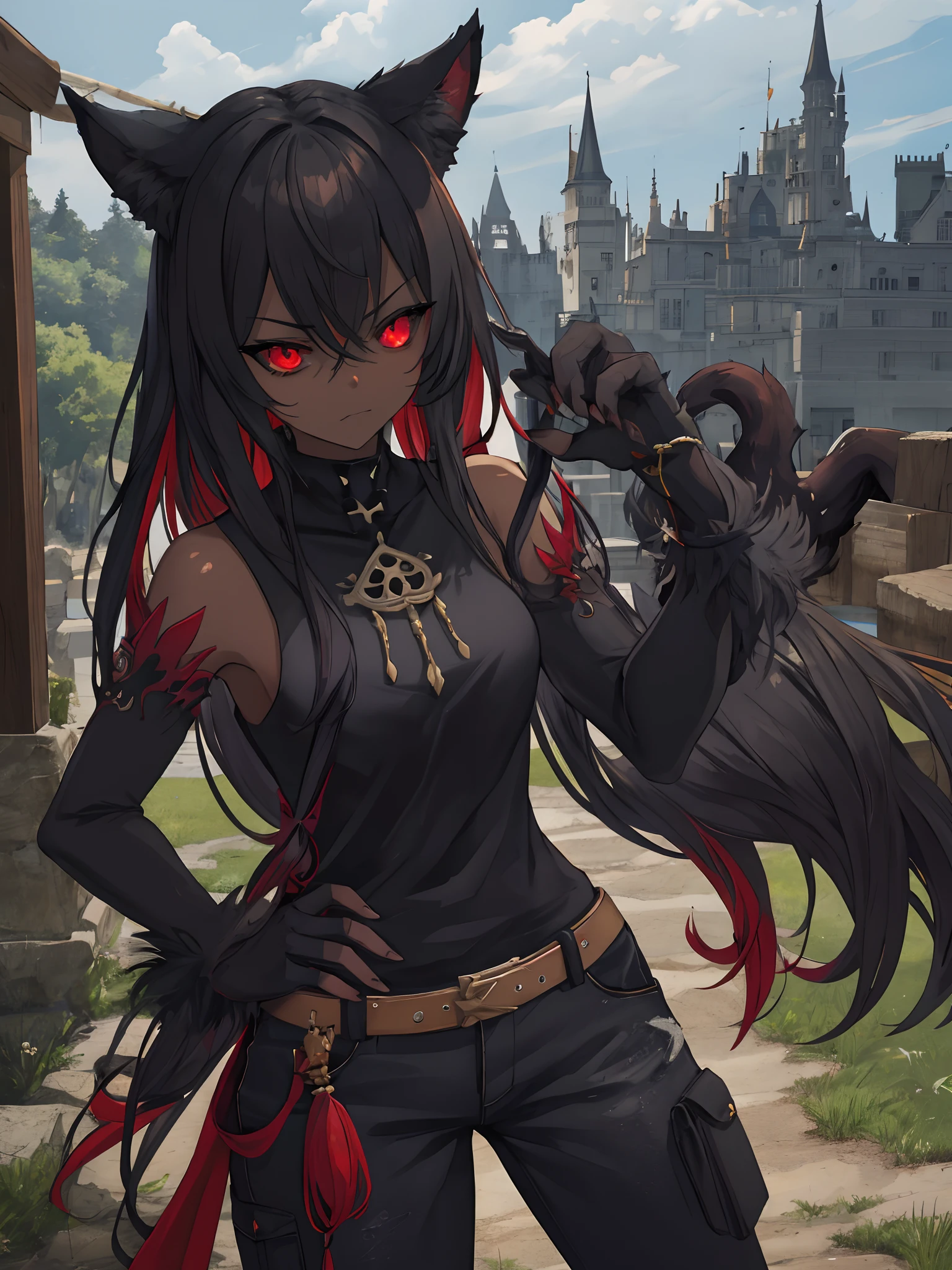 (masutepiece, Best Quality), (hight resolution, Ultra-detailed), (absurderes, Perfect Anatomy), Outdoors, castle, 1girl in, Solo, UH, Monster Girl, black sclera, Dark skin, Gray Skin, (animal hands), Cowboy Shot, Red Eyes, Black fur, hair between eye, Long hair, Tank top, Pants, Toned, tusk, A sexy、serious facial expression、glare、pressure