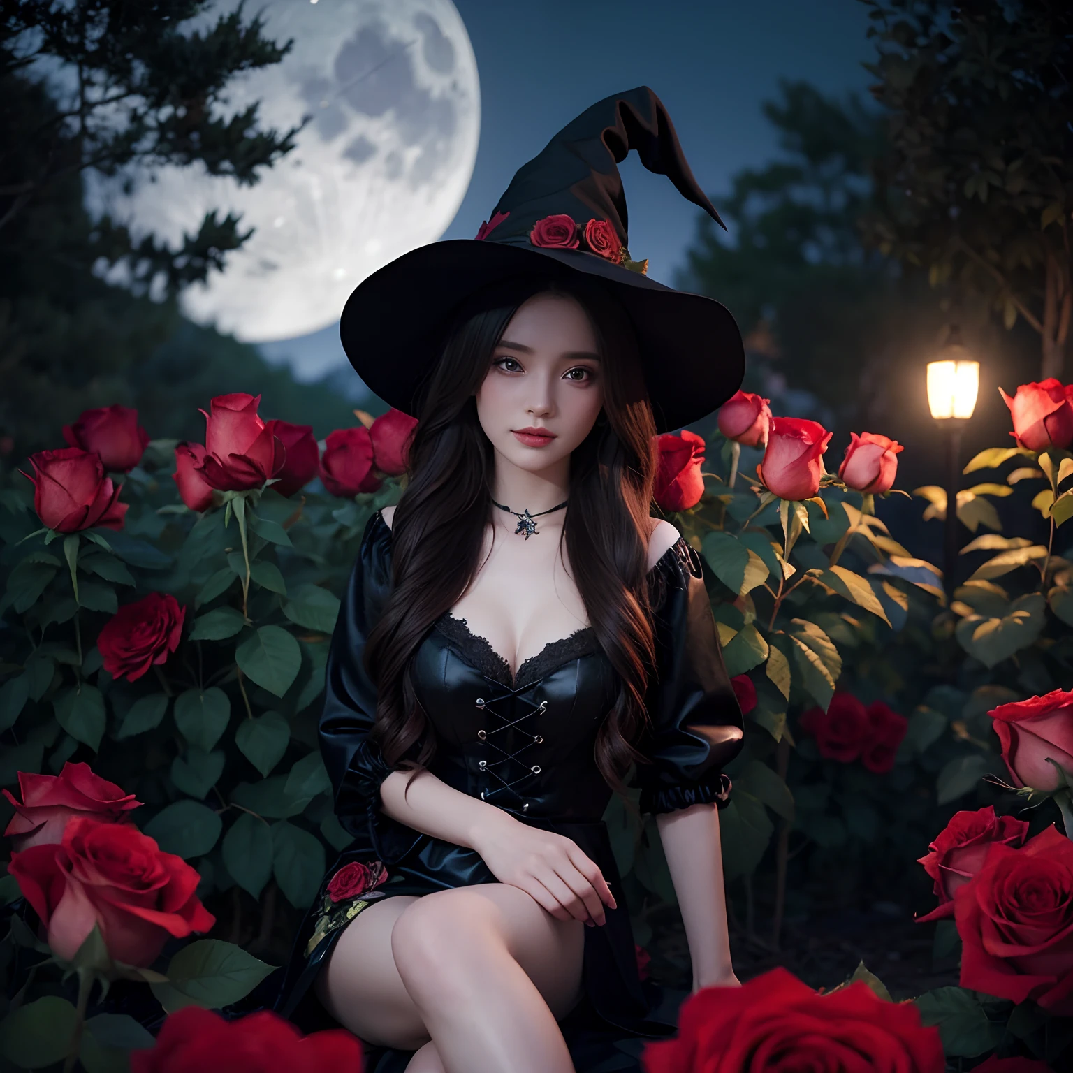 A maiden in a witch's suit is surrounded by roses in the moonlight，3D style