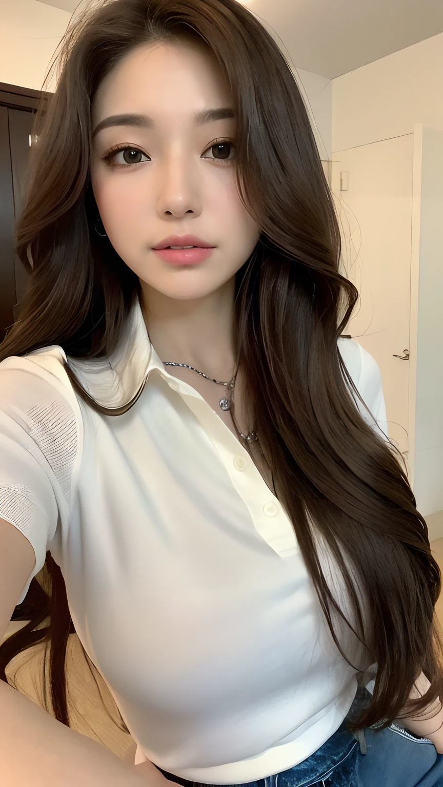 ((best qualtiy, 8K, tmasterpiece:1.3)), Focus:1.2, perfect figure beautiful woman:1.4, Cocked buttocks:1.2, ((Random Long Hairstyle In Big Curls) ((Brown BIg Wavy Hair))(Long white legs:1.3,(Polo shirt:1.2) , (inside in room: 1.2), Highly detailed facial and skin texture, A detailed eye, 二重まぶた,Whiten skin,(Straight big breasts:1.3), looking at camera, Wear a necklace,