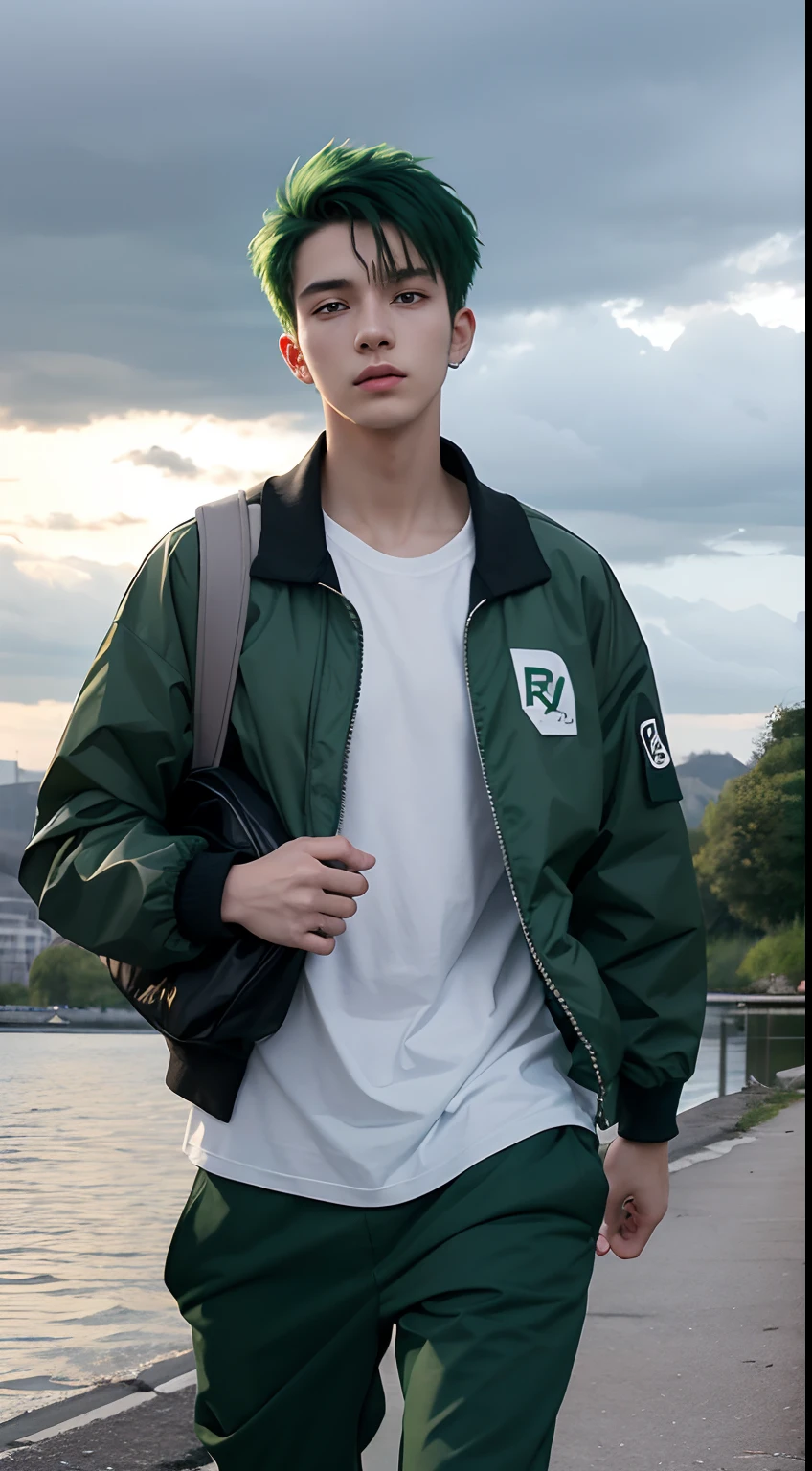 20 year old man, he wears a green jacket, he wears black trousers, he wears white sneakers, he has short green hair, he has green eyes, he is running, he is carrying a bag on his shoulder, he is on the river bank, big wind, eerie sky and clouds, very realistic, very detailed