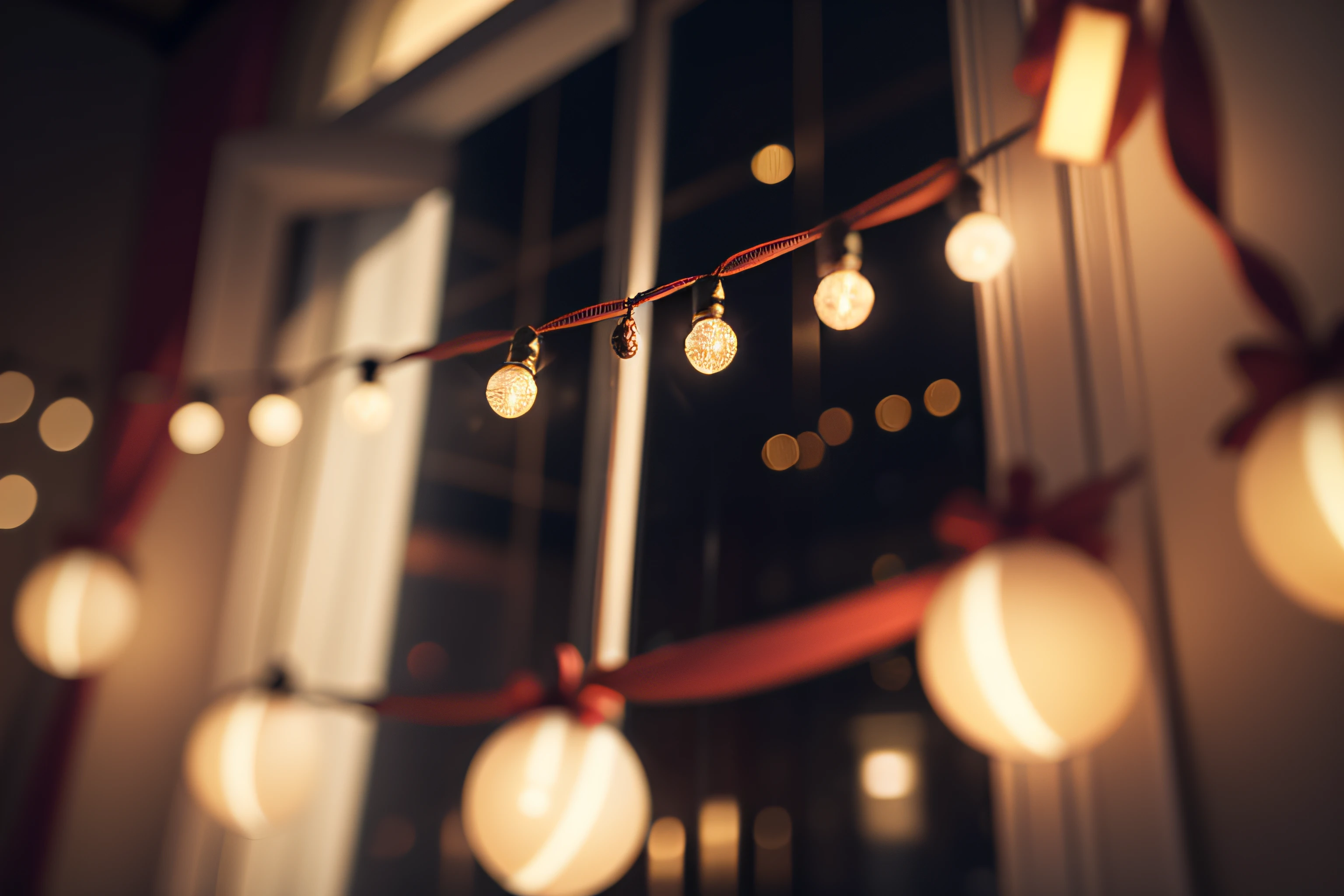 Christmas lights in a window, rainy night, blurred background, professional photography, 8k, realism, detailed.